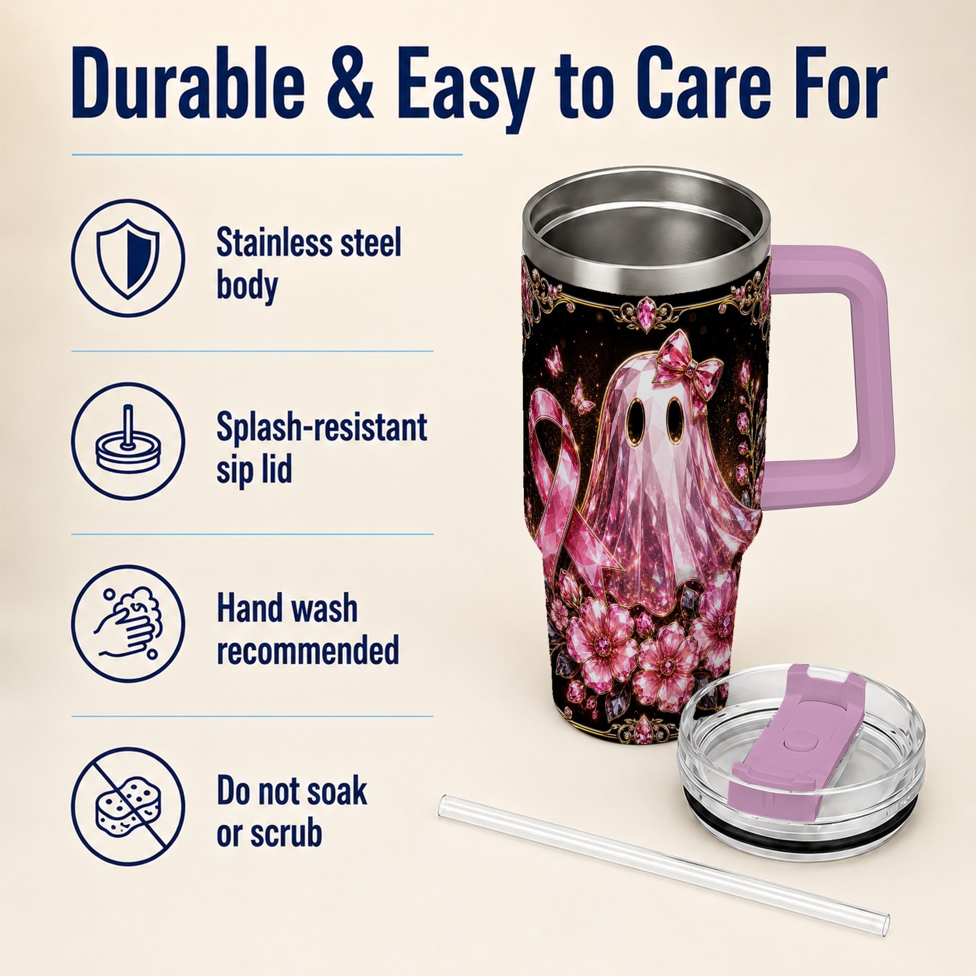 #pl[40oz|Pink] Awareness Ribbon Ghost 40oz Tumbler with Handle, Stainless Steel Travel Cup