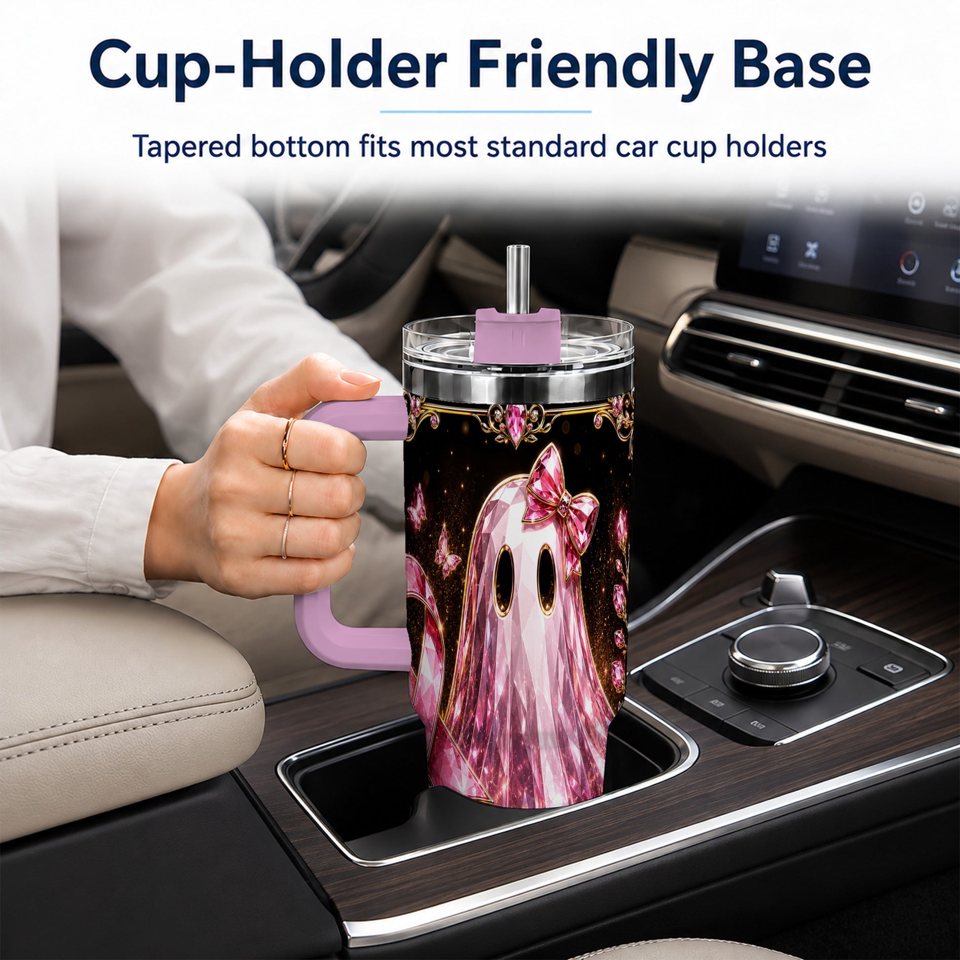 #pl[40oz|Pink] Awareness Ribbon Ghost 40oz Tumbler with Handle, Stainless Steel Travel Cup