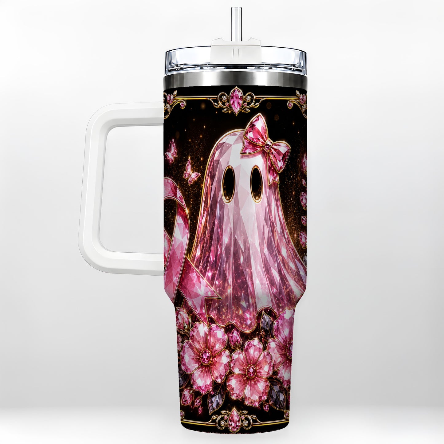 #pl[40oz|White] Awareness Ribbon Ghost 40oz Tumbler with Handle, Stainless Steel Travel Cup