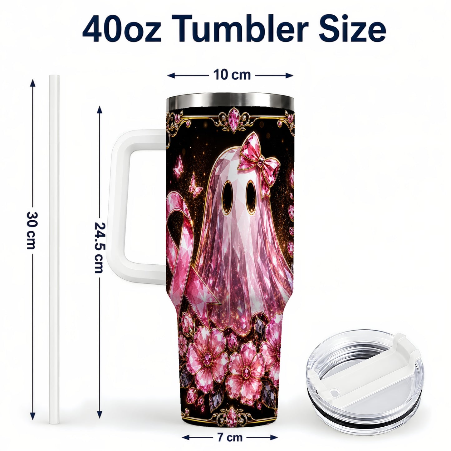 #pl[40oz|White] Awareness Ribbon Ghost 40oz Tumbler with Handle, Stainless Steel Travel Cup