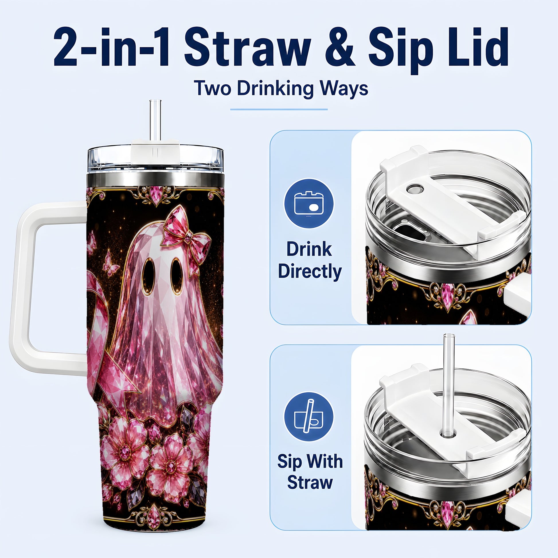 #pl[40oz|White] Awareness Ribbon Ghost 40oz Tumbler with Handle, Stainless Steel Travel Cup