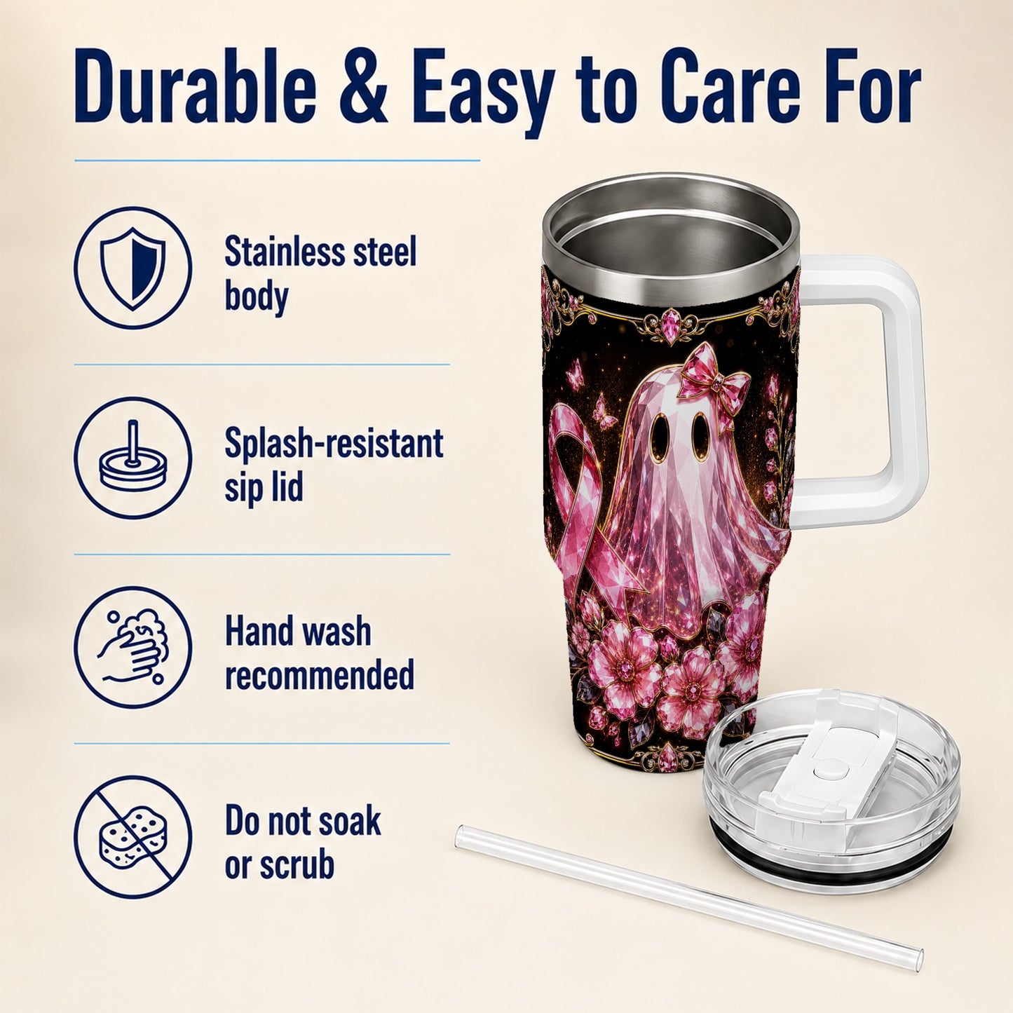 #pl[40oz|White] Awareness Ribbon Ghost 40oz Tumbler with Handle, Stainless Steel Travel Cup