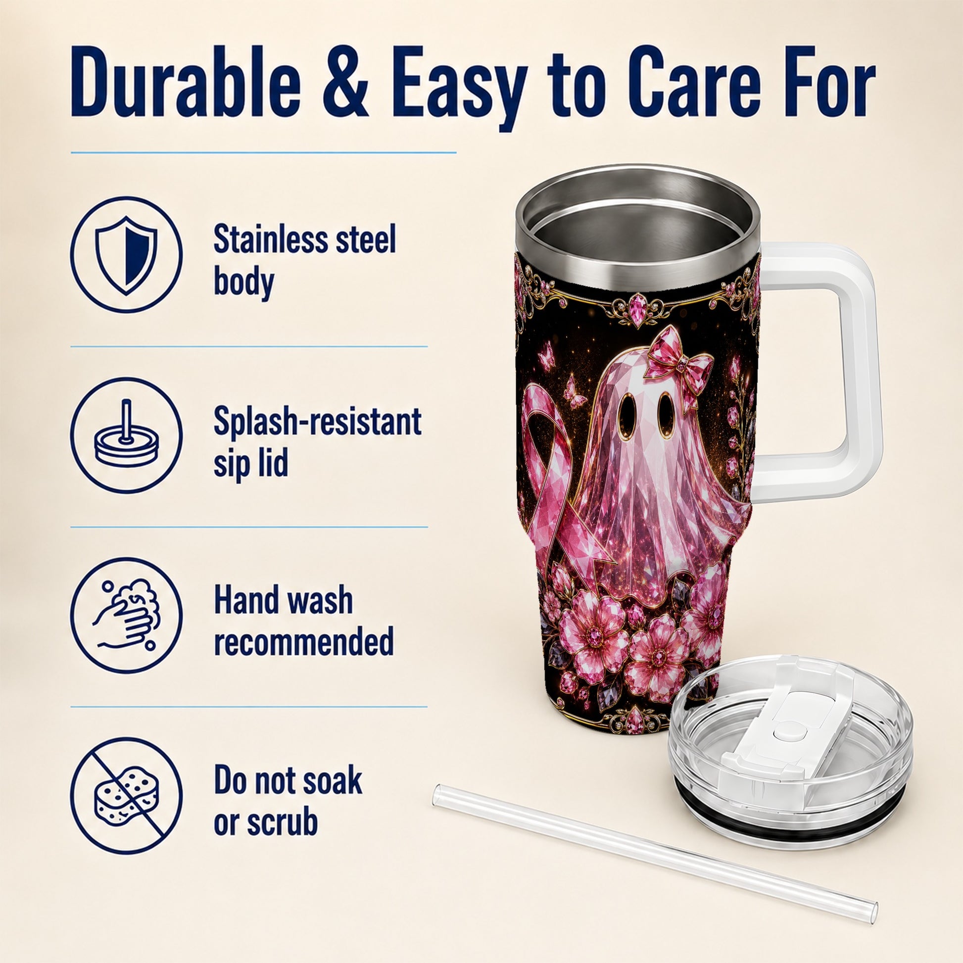 #pl[40oz|White] Awareness Ribbon Ghost 40oz Tumbler with Handle, Stainless Steel Travel Cup