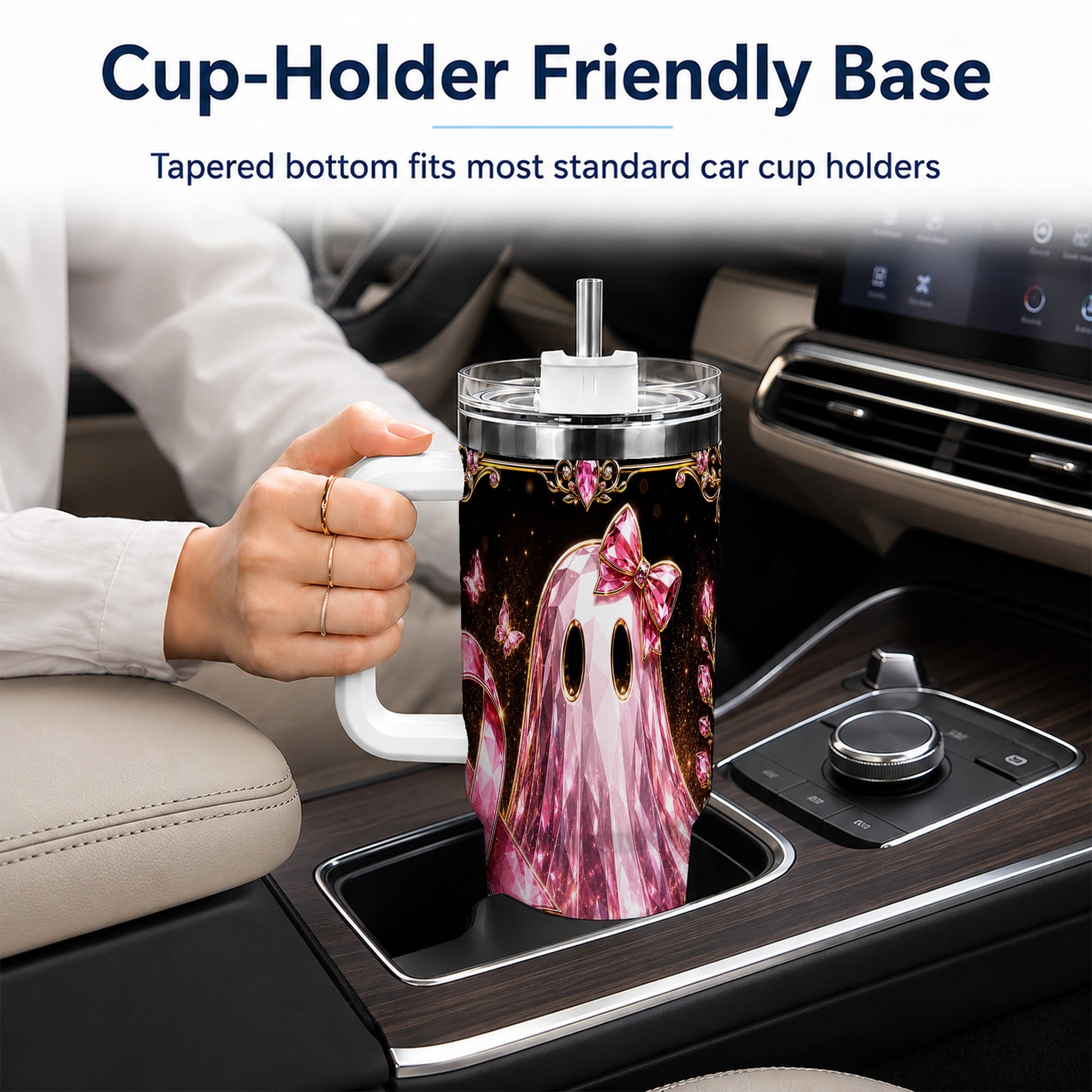 #pl[40oz|White] Awareness Ribbon Ghost 40oz Tumbler with Handle, Stainless Steel Travel Cup