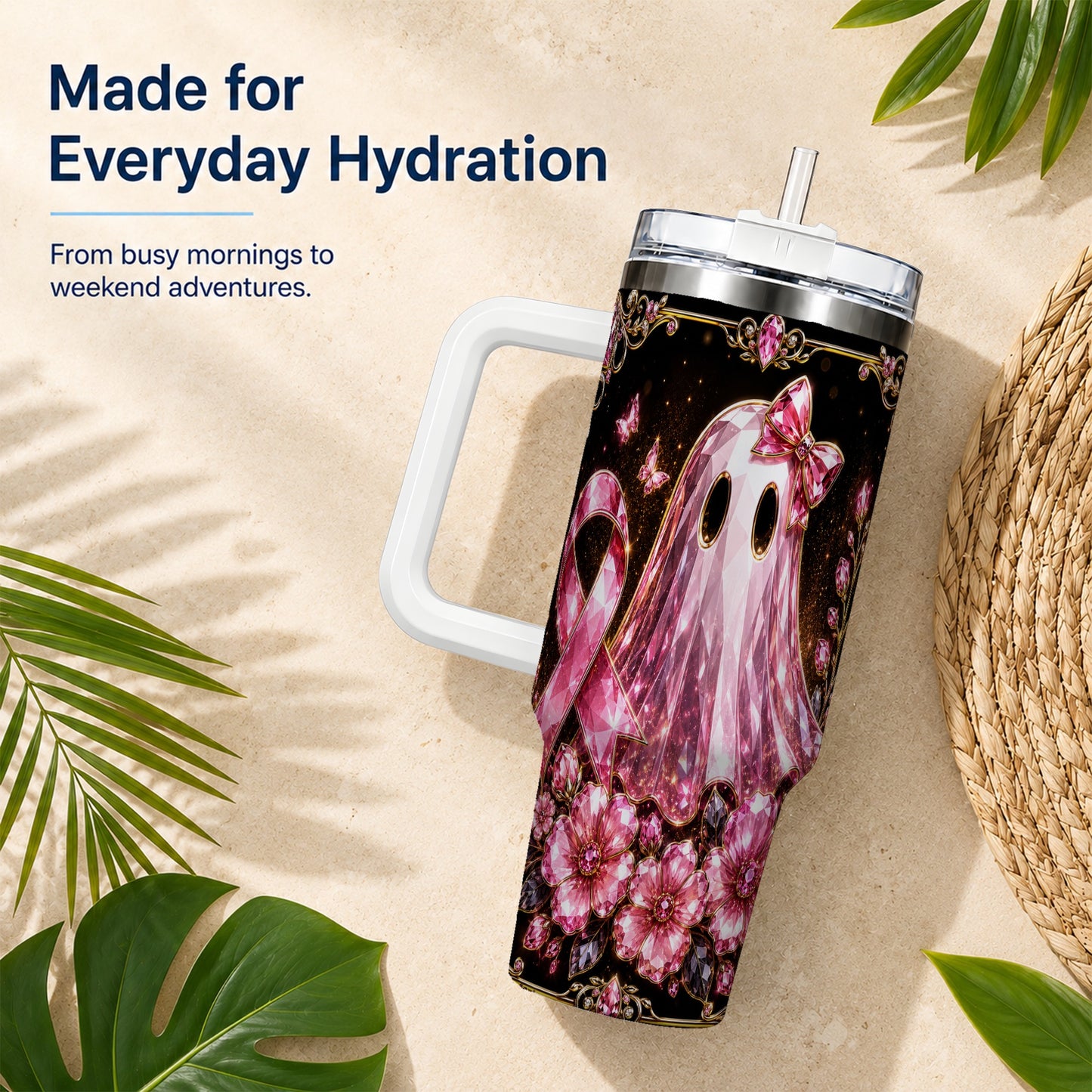 #pl[40oz|White] Awareness Ribbon Ghost 40oz Tumbler with Handle, Stainless Steel Travel Cup