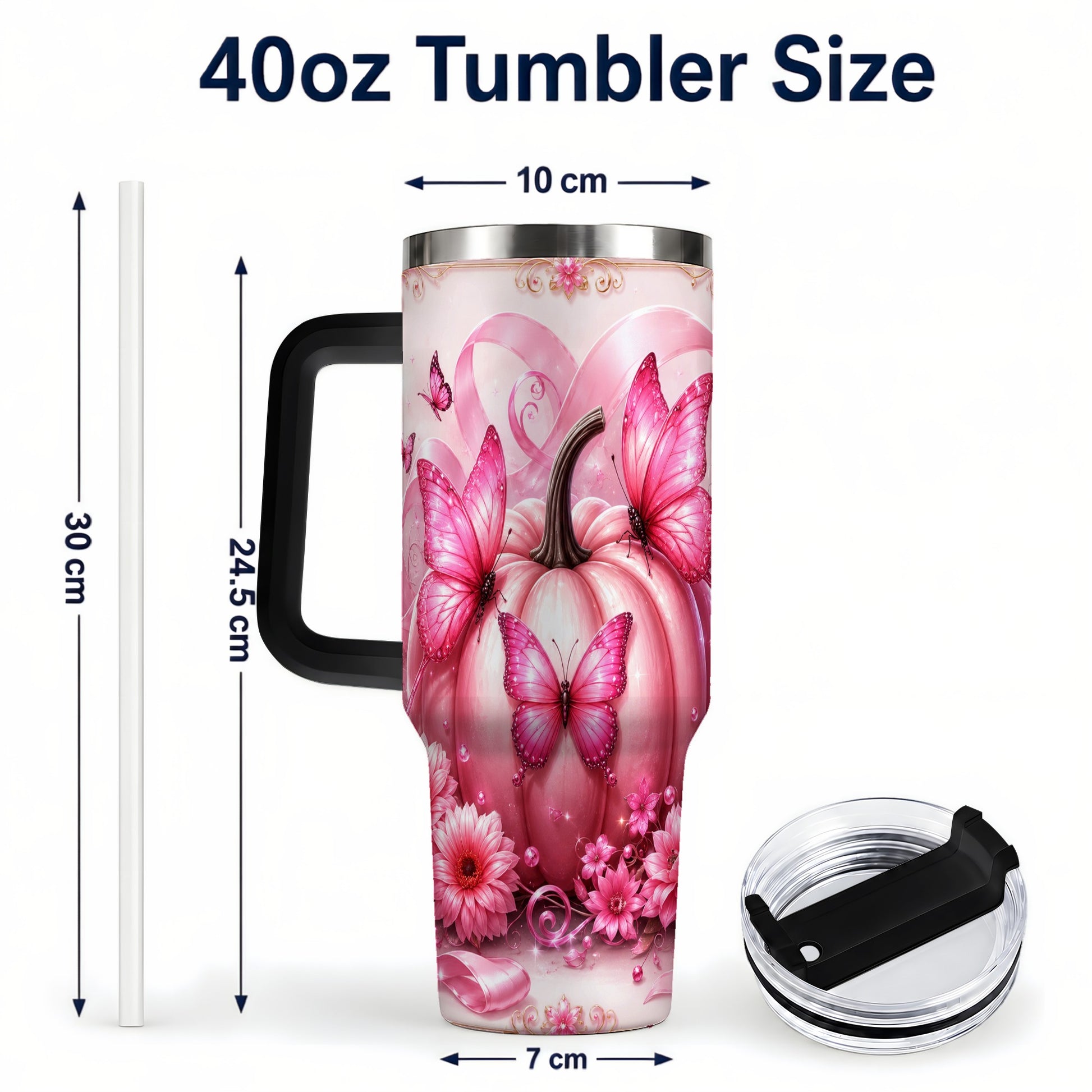 #pl[40oz|Black] Awareness Ribbon Pumpkin 40oz Tumbler with Handle, Butterfly Travel Cup