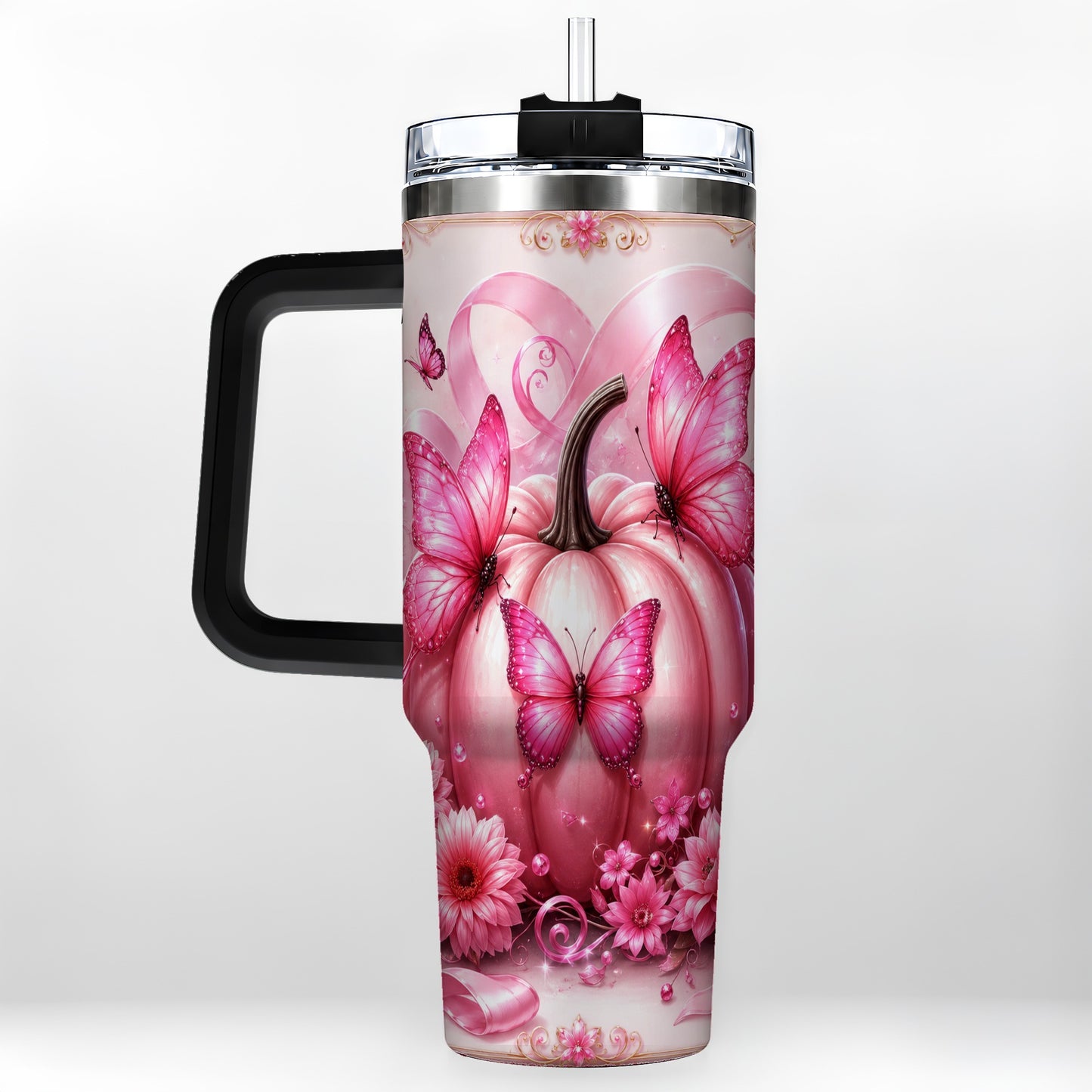 #pl[40oz|Black] Awareness Ribbon Pumpkin 40oz Tumbler with Handle, Butterfly Travel Cup
