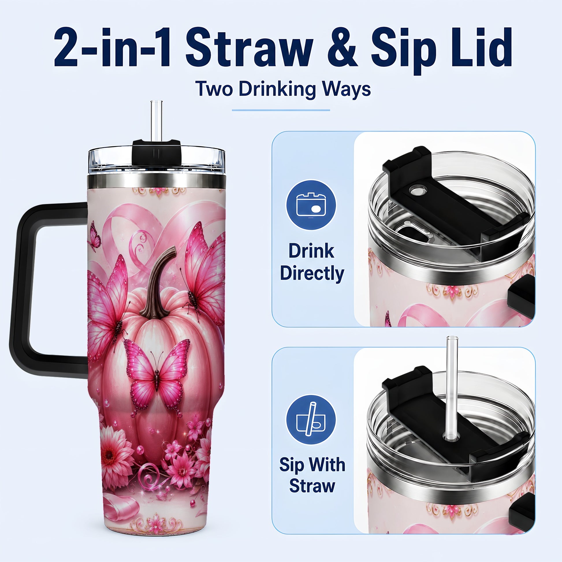 #pl[40oz|Black] Awareness Ribbon Pumpkin 40oz Tumbler with Handle, Butterfly Travel Cup