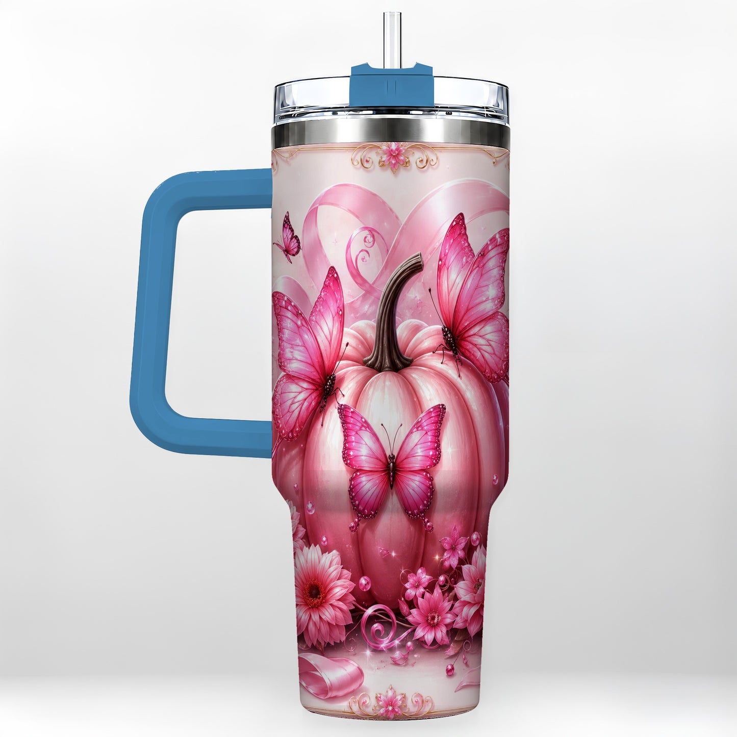 #pl[40oz|Blue] Awareness Ribbon Pumpkin 40oz Tumbler with Handle, Butterfly Travel Cup