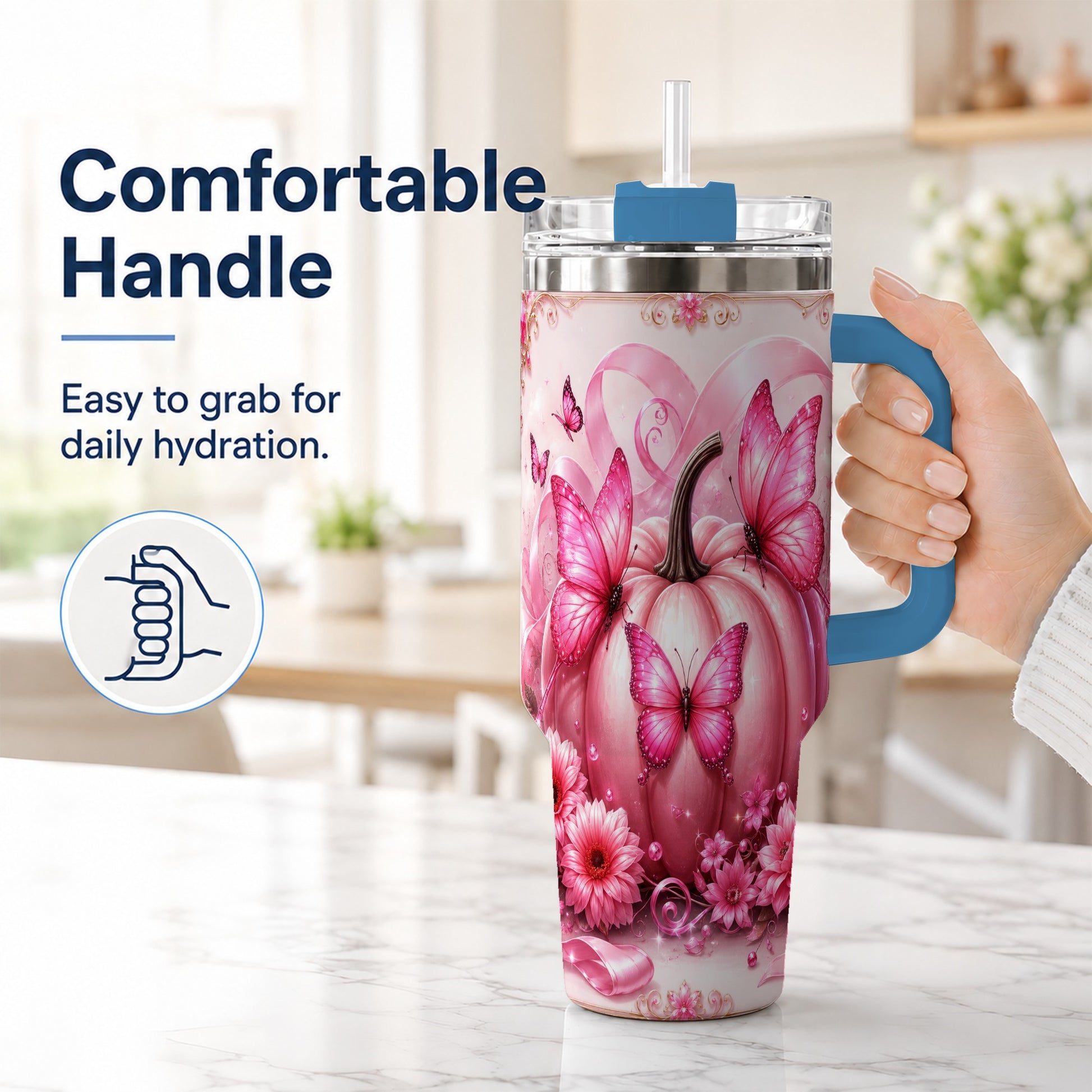 #pl[40oz|Blue] Awareness Ribbon Pumpkin 40oz Tumbler with Handle, Butterfly Travel Cup