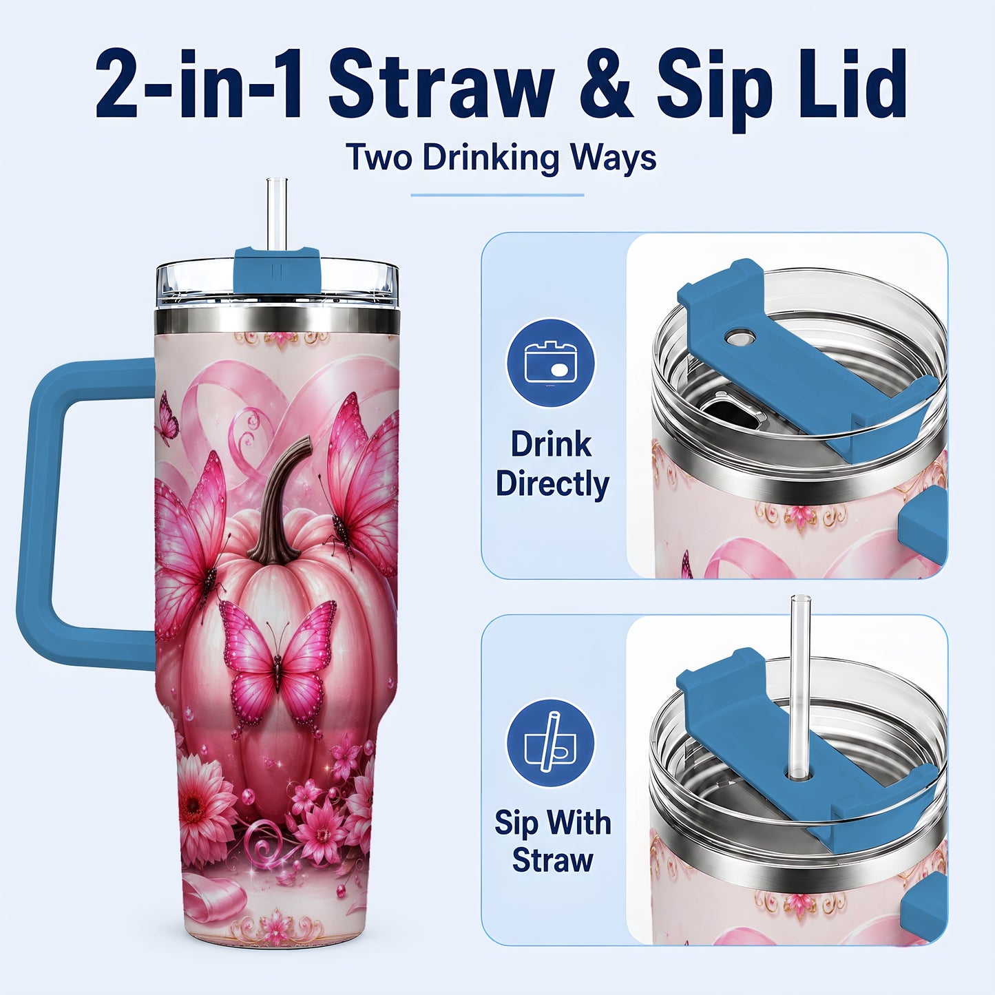 #pl[40oz|Blue] Awareness Ribbon Pumpkin 40oz Tumbler with Handle, Butterfly Travel Cup
