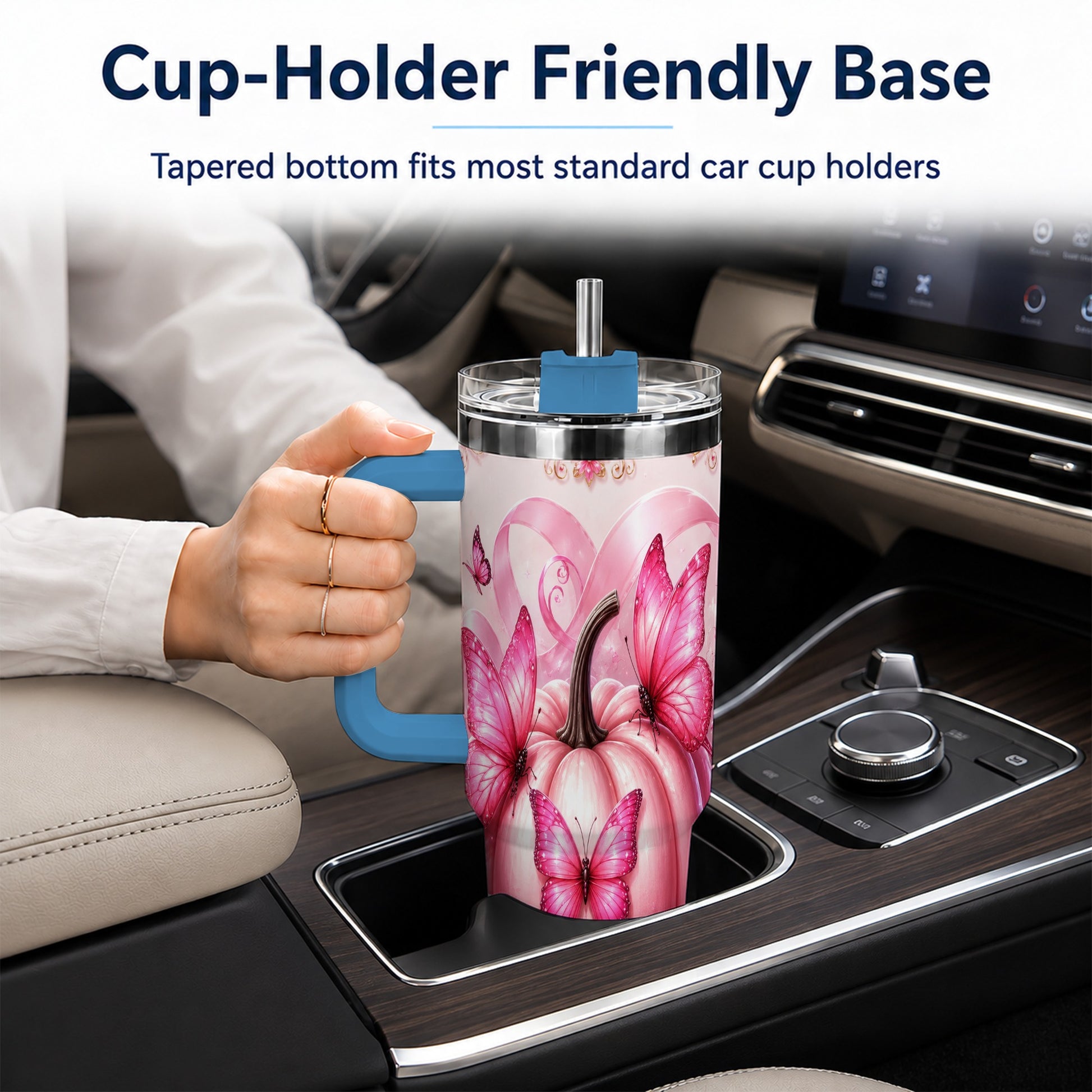 #pl[40oz|Blue] Awareness Ribbon Pumpkin 40oz Tumbler with Handle, Butterfly Travel Cup