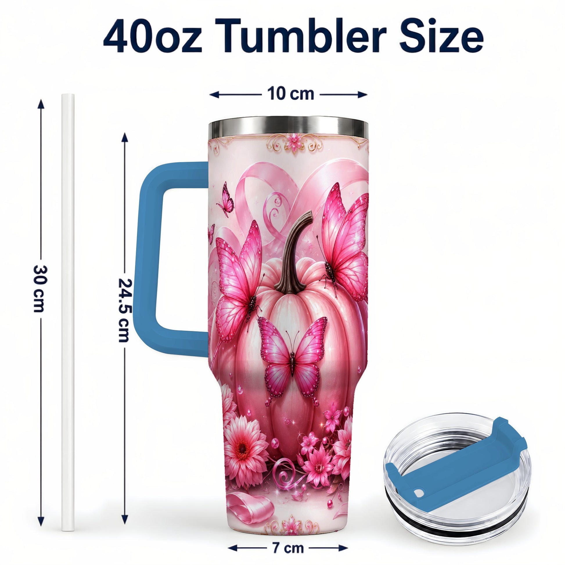 #pl[40oz|Blue] Awareness Ribbon Pumpkin 40oz Tumbler with Handle, Butterfly Travel Cup
