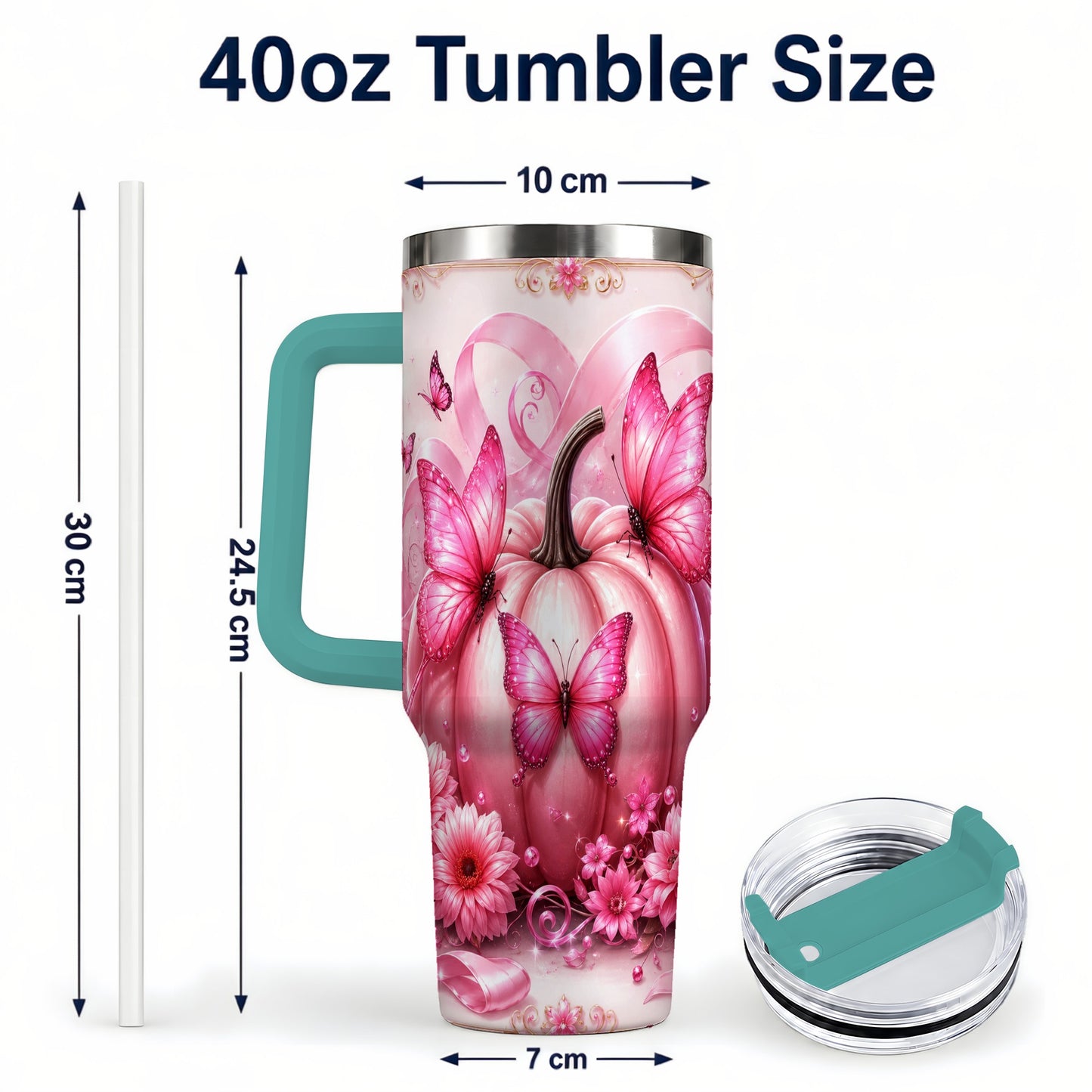 #pl[40oz|Green] Awareness Ribbon Pumpkin 40oz Tumbler with Handle, Butterfly Travel Cup