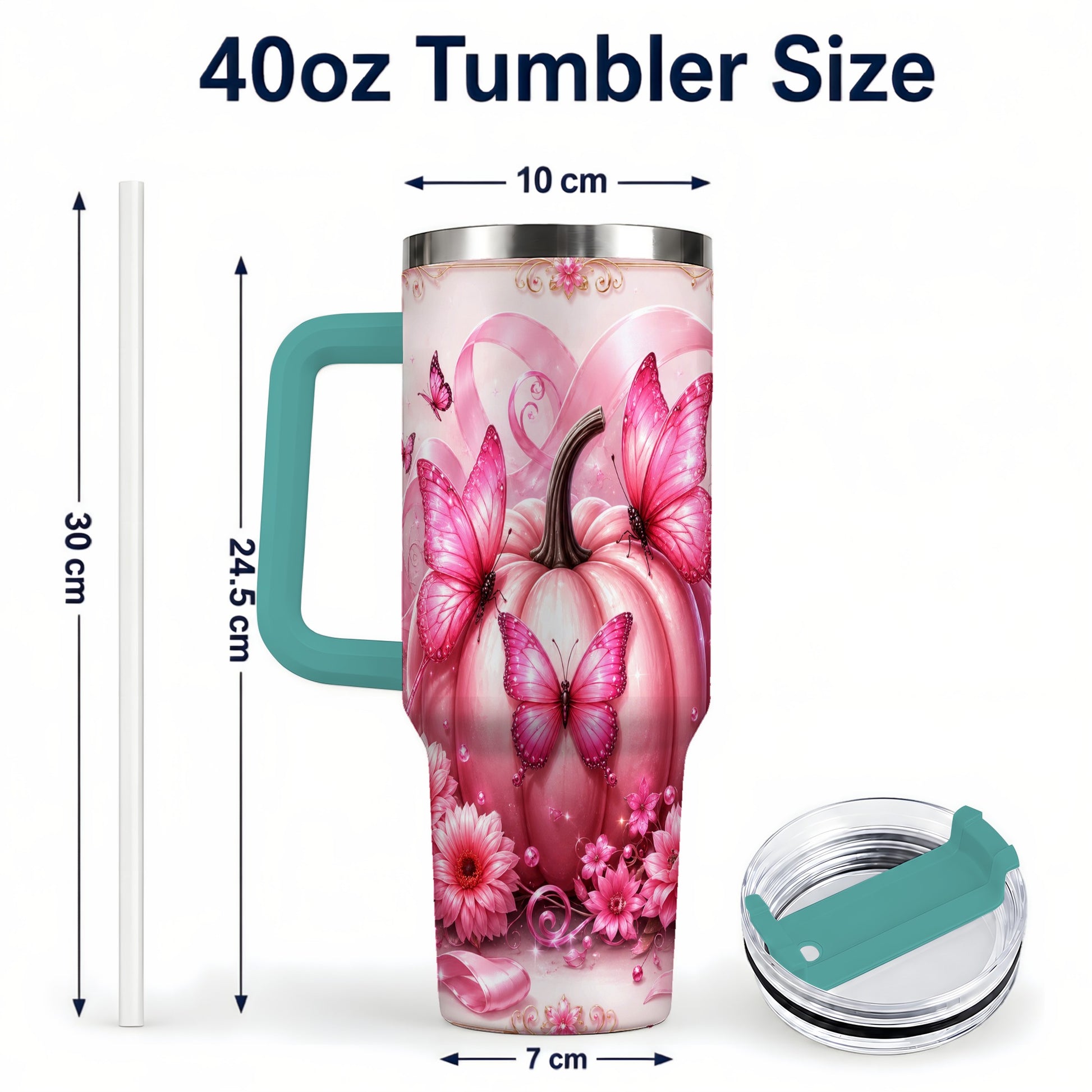 #pl[40oz|Green] Awareness Ribbon Pumpkin 40oz Tumbler with Handle, Butterfly Travel Cup