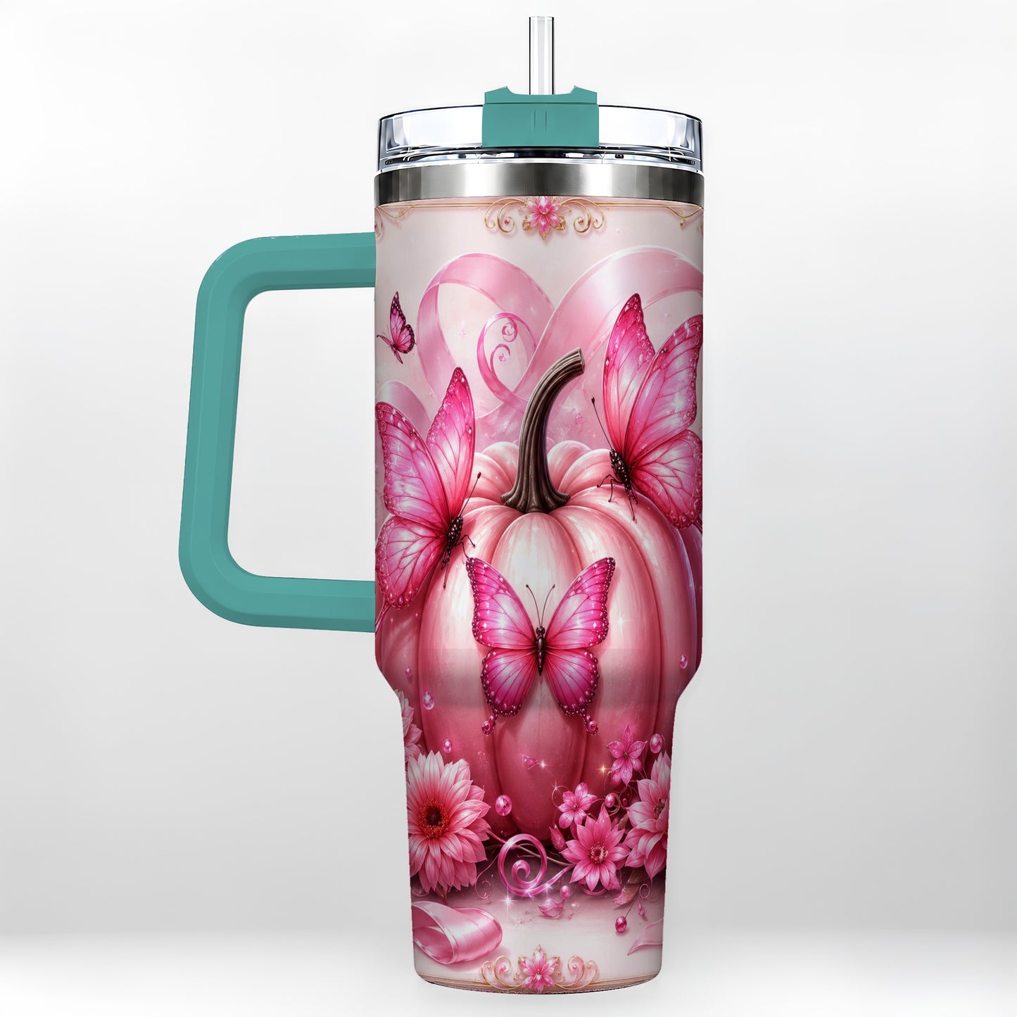 #pl[40oz|Green] Awareness Ribbon Pumpkin 40oz Tumbler with Handle, Butterfly Travel Cup