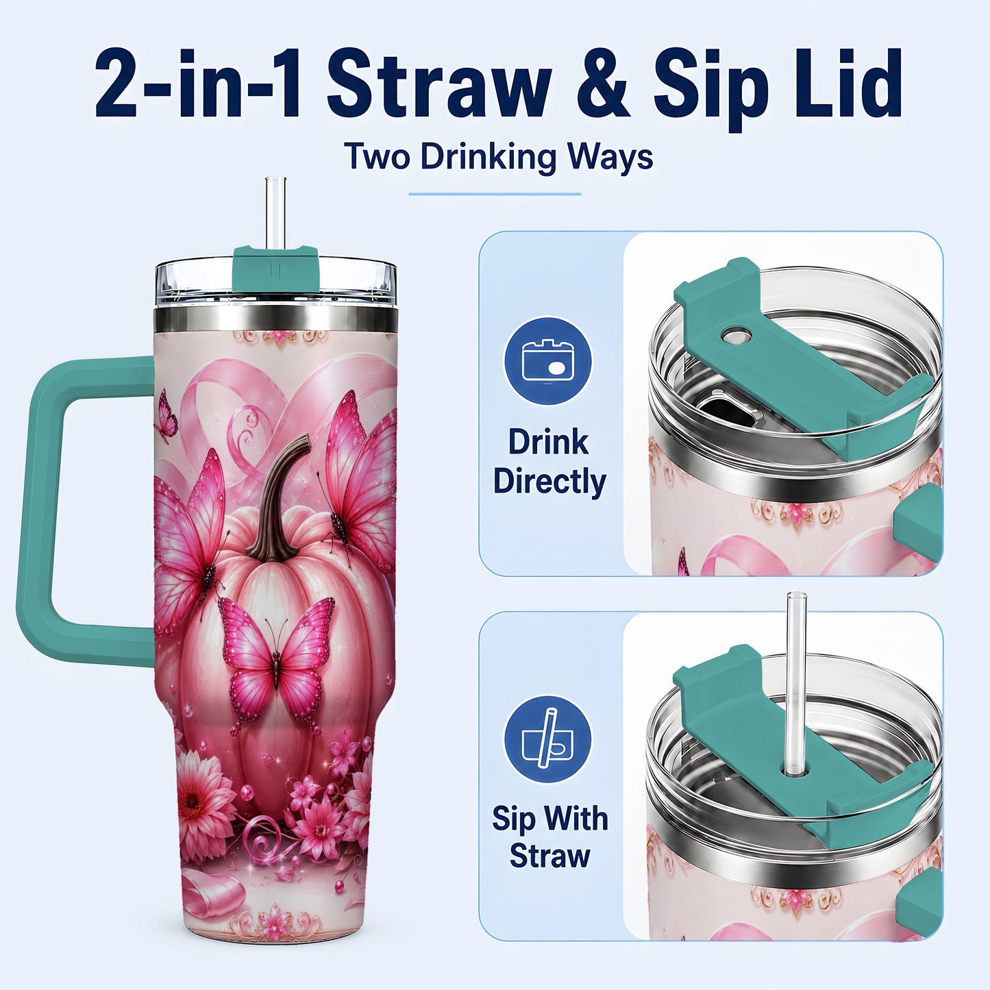#pl[40oz|Green] Awareness Ribbon Pumpkin 40oz Tumbler with Handle, Butterfly Travel Cup