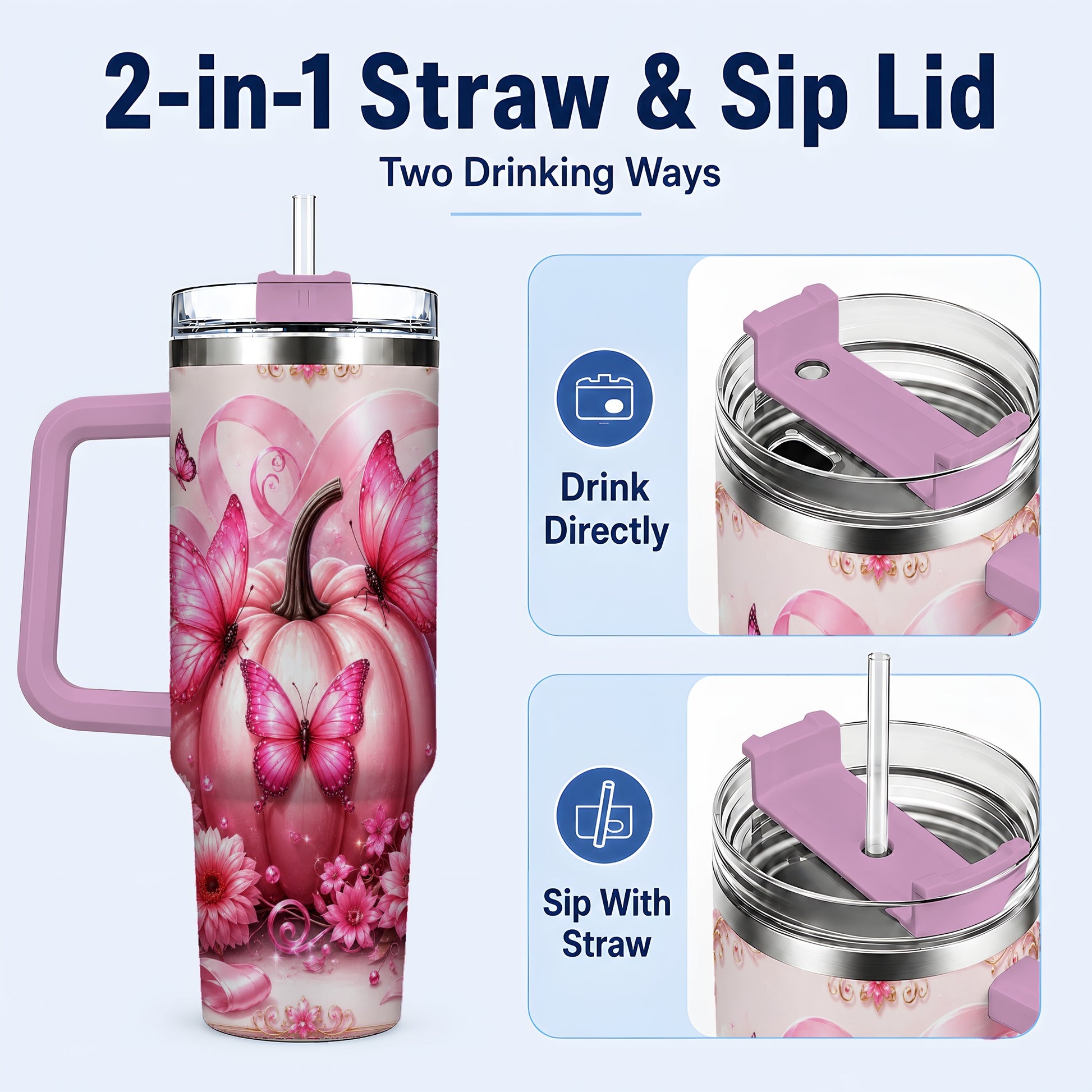 #pl[40oz|Pink] Awareness Ribbon Pumpkin 40oz Tumbler with Handle, Butterfly Travel Cup