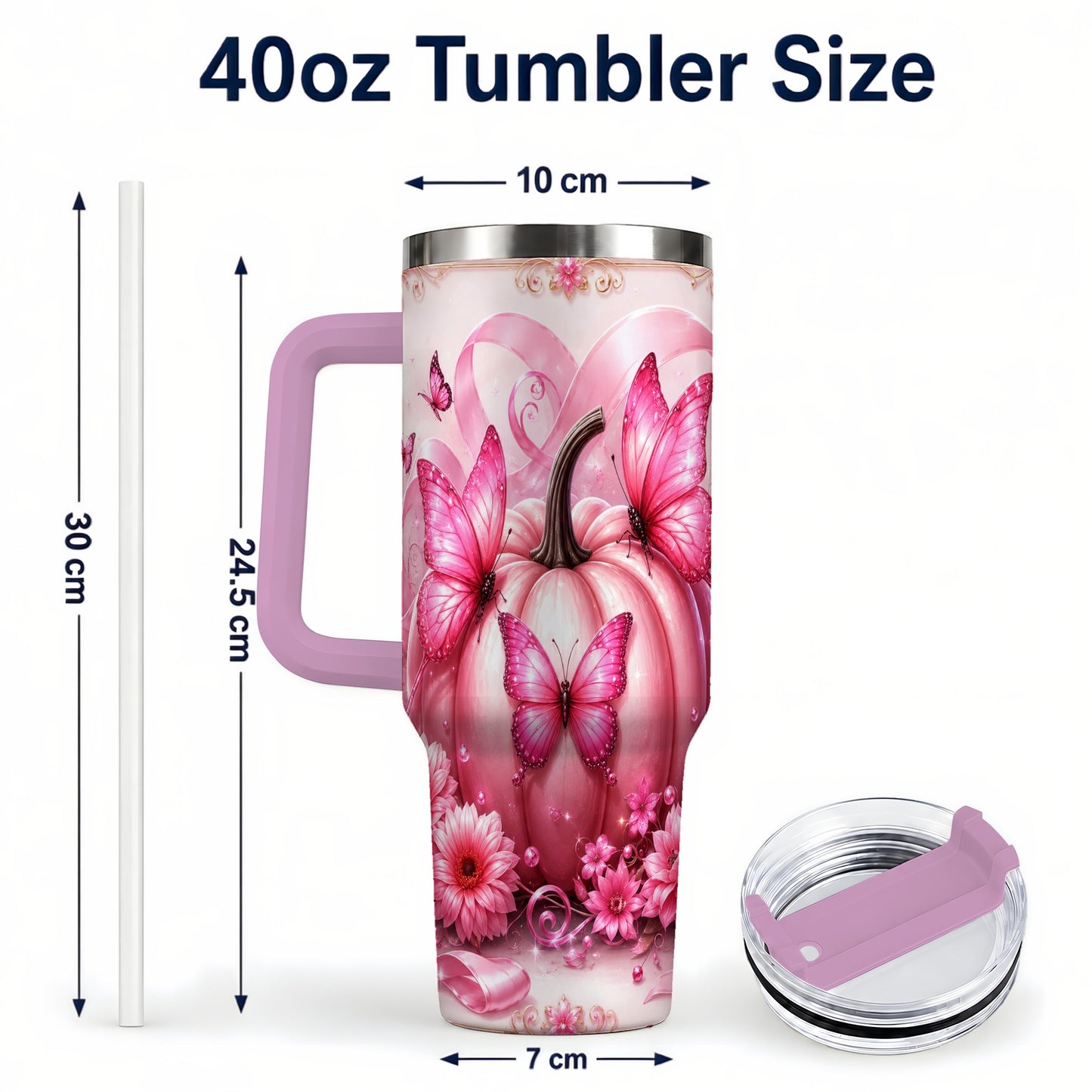 #pl[40oz|Pink] Awareness Ribbon Pumpkin 40oz Tumbler with Handle, Butterfly Travel Cup
