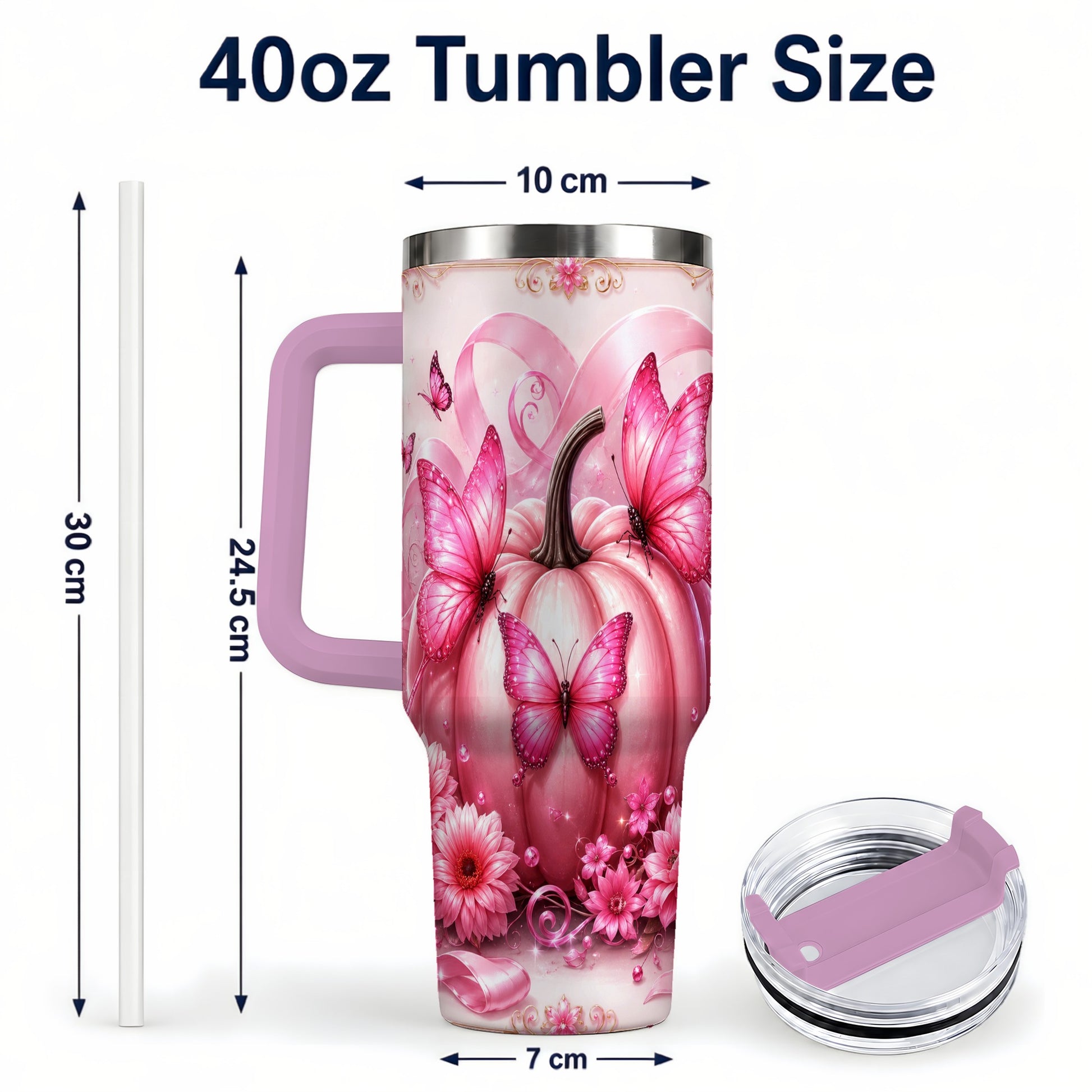 #pl[40oz|Pink] Awareness Ribbon Pumpkin 40oz Tumbler with Handle, Butterfly Travel Cup