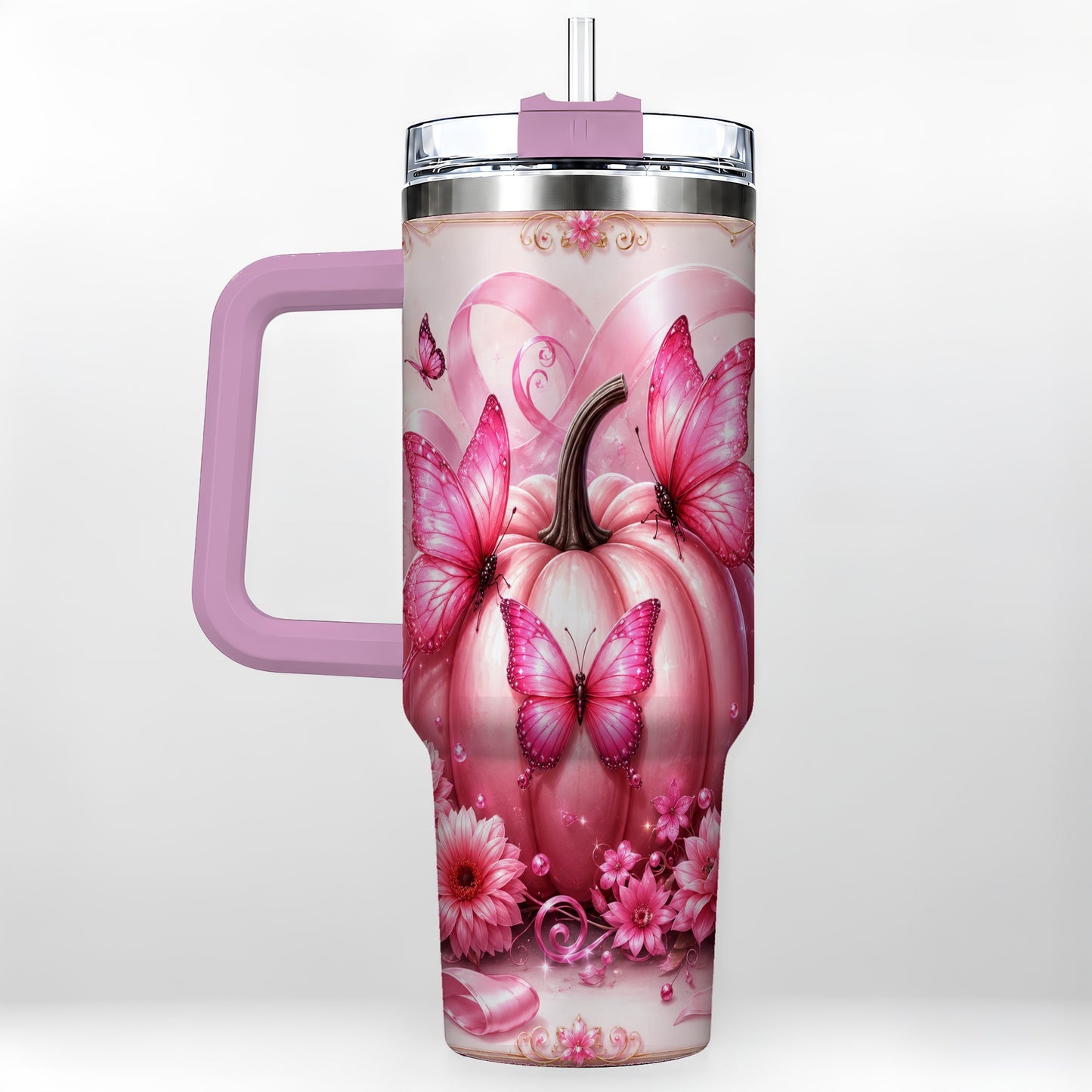 #pl[40oz|Pink] Awareness Ribbon Pumpkin 40oz Tumbler with Handle, Butterfly Travel Cup