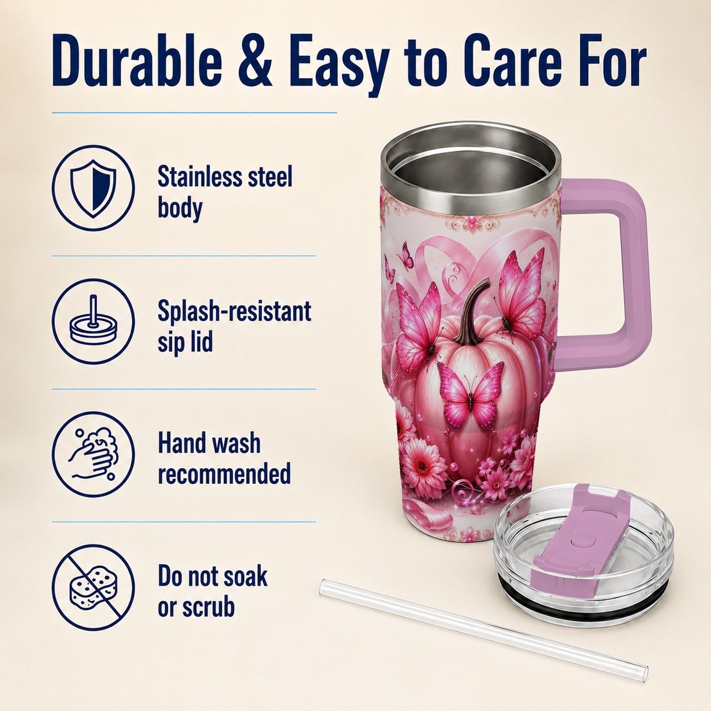 #pl[40oz|Pink] Awareness Ribbon Pumpkin 40oz Tumbler with Handle, Butterfly Travel Cup