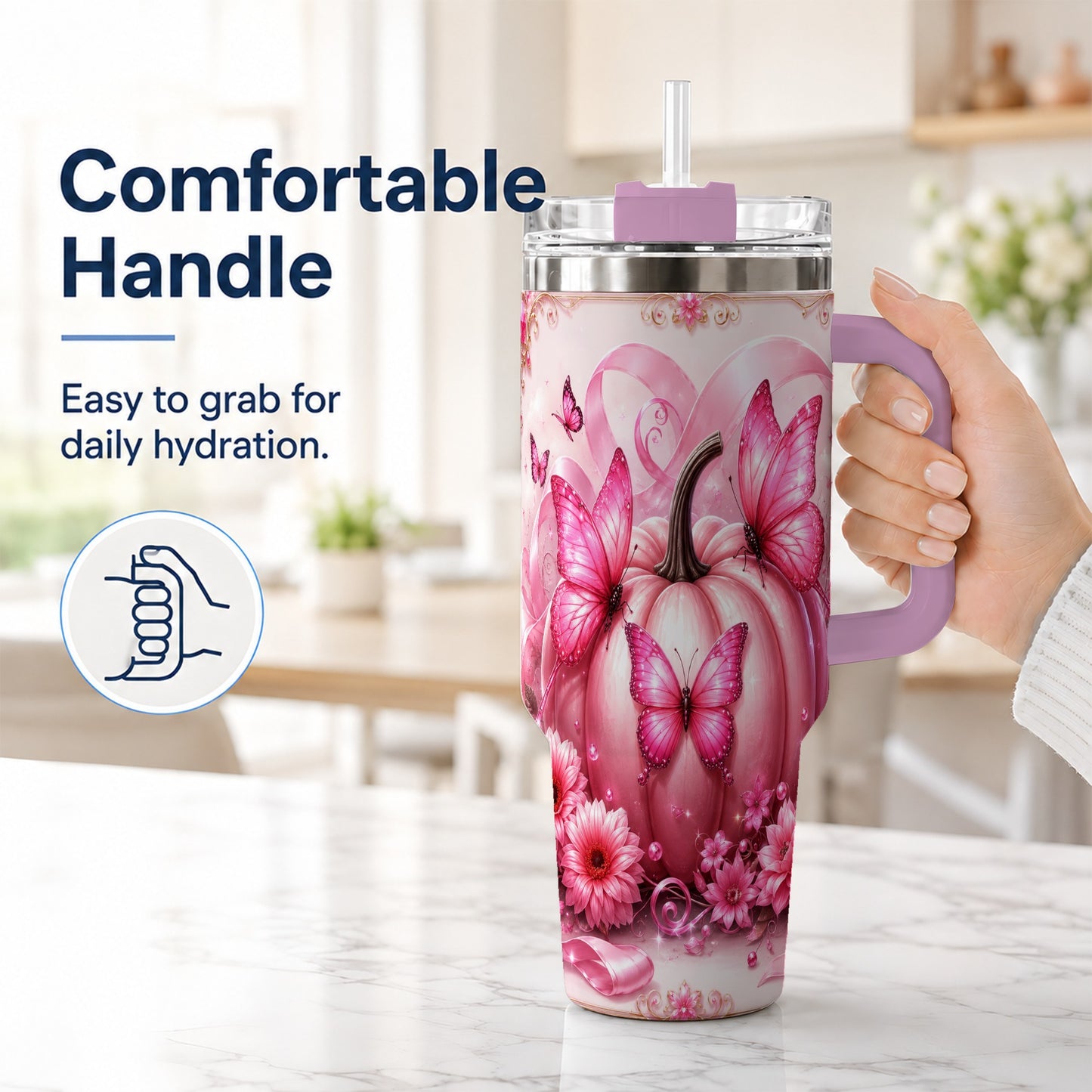 #pl[40oz|Pink] Awareness Ribbon Pumpkin 40oz Tumbler with Handle, Butterfly Travel Cup