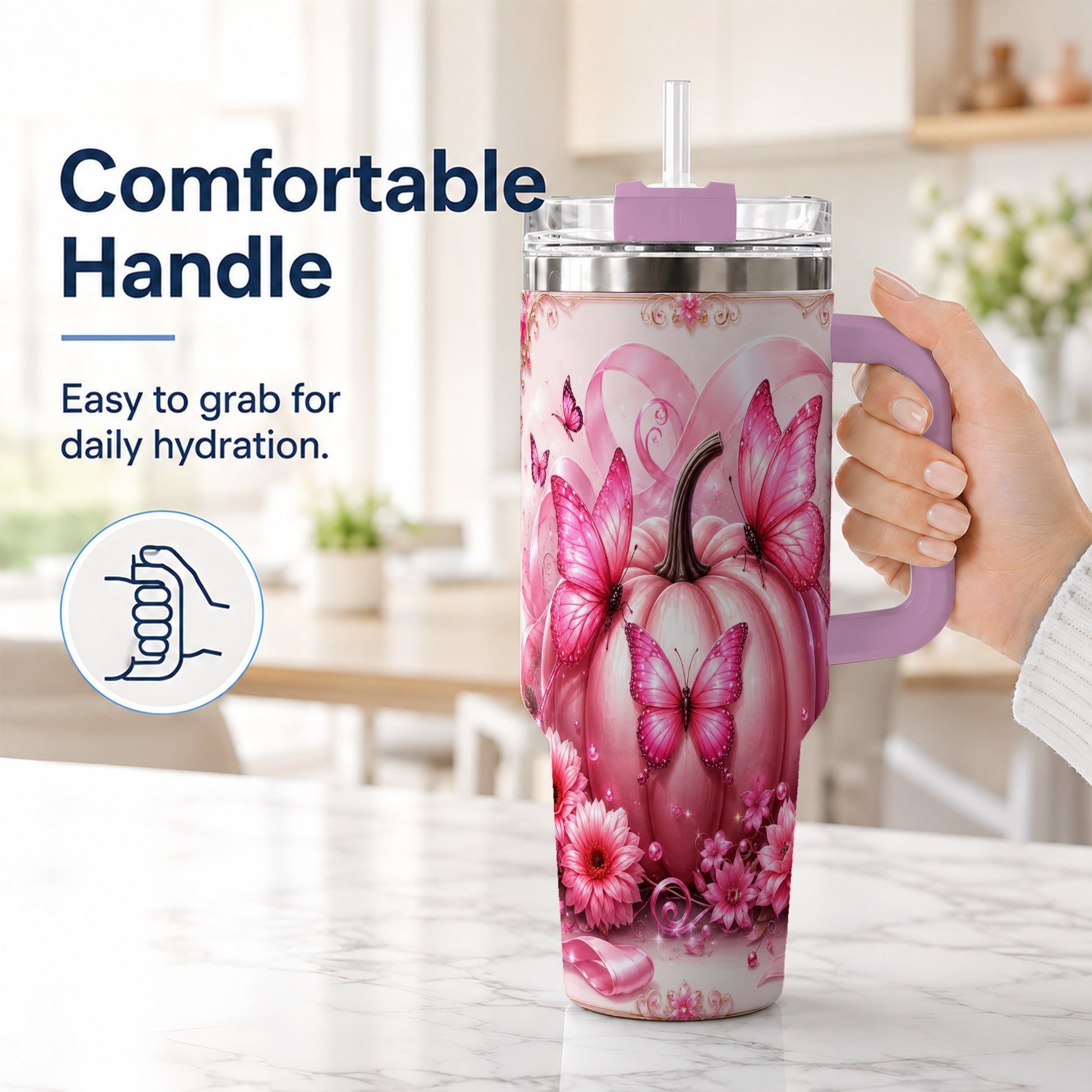 #pl[40oz|Pink] Awareness Ribbon Pumpkin 40oz Tumbler with Handle, Butterfly Travel Cup
