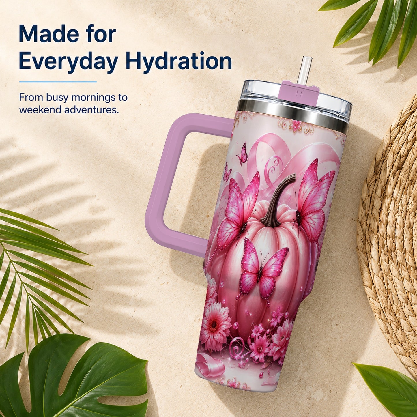 #pl[40oz|Pink] Awareness Ribbon Pumpkin 40oz Tumbler with Handle, Butterfly Travel Cup