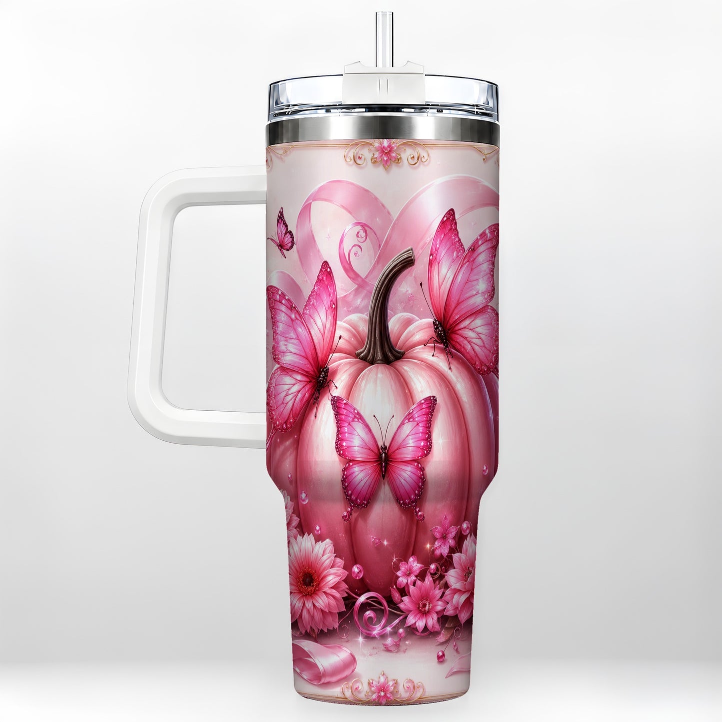 #pl[40oz|White] Awareness Ribbon Pumpkin 40oz Tumbler with Handle, Butterfly Travel Cup