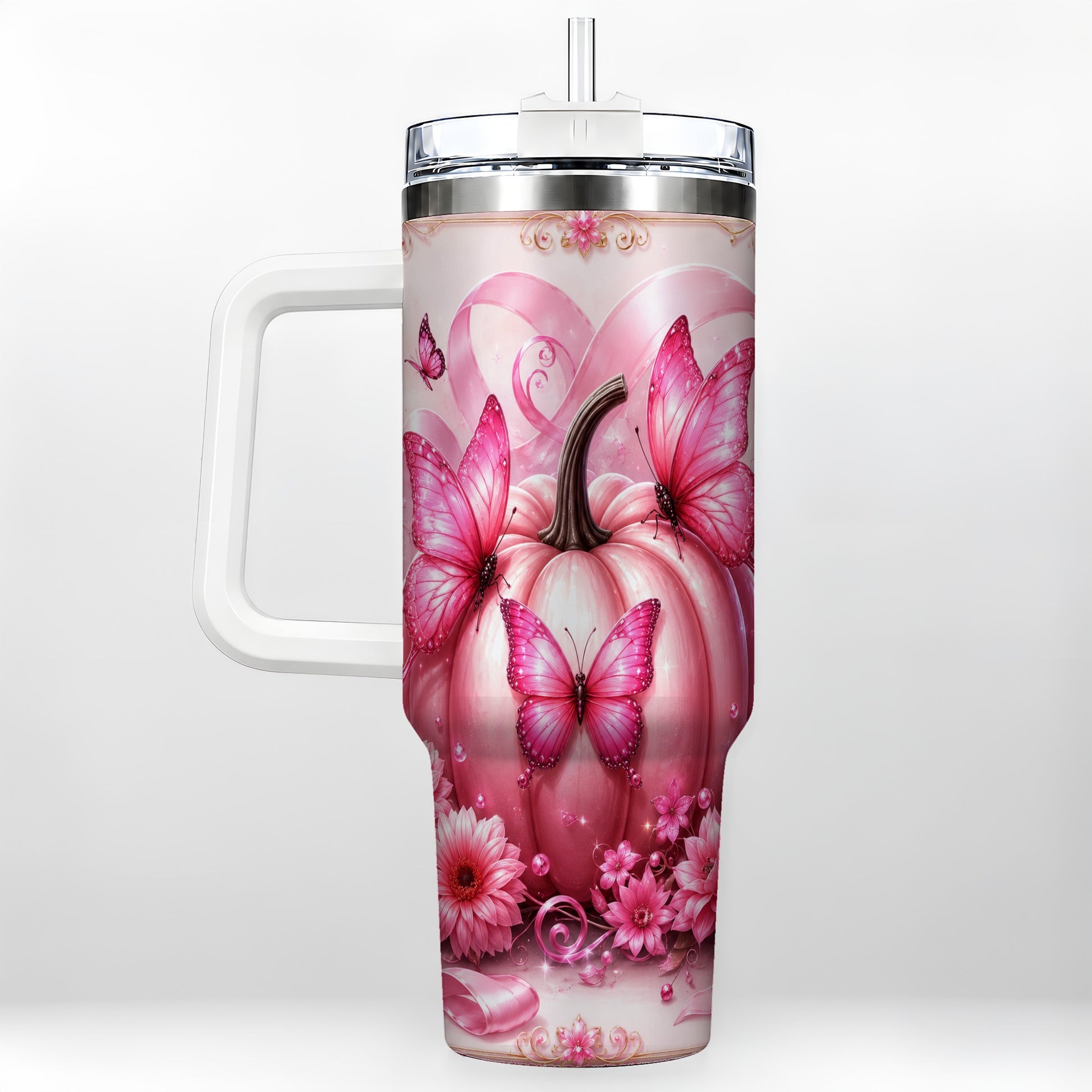 #pl[40oz|White] Awareness Ribbon Pumpkin 40oz Tumbler with Handle, Butterfly Travel Cup