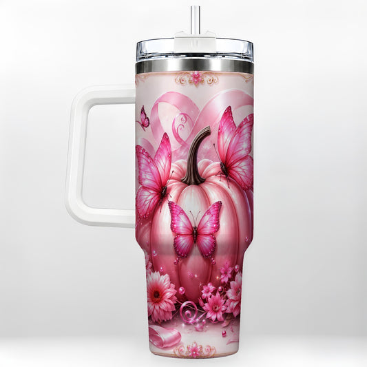#pl[40oz|White] Awareness Ribbon Pumpkin 40oz Tumbler with Handle, Butterfly Travel Cup