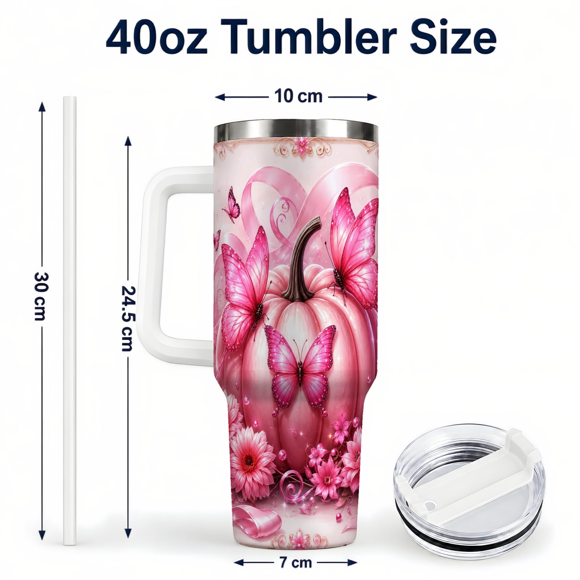 #pl[40oz|White] Awareness Ribbon Pumpkin 40oz Tumbler with Handle, Butterfly Travel Cup