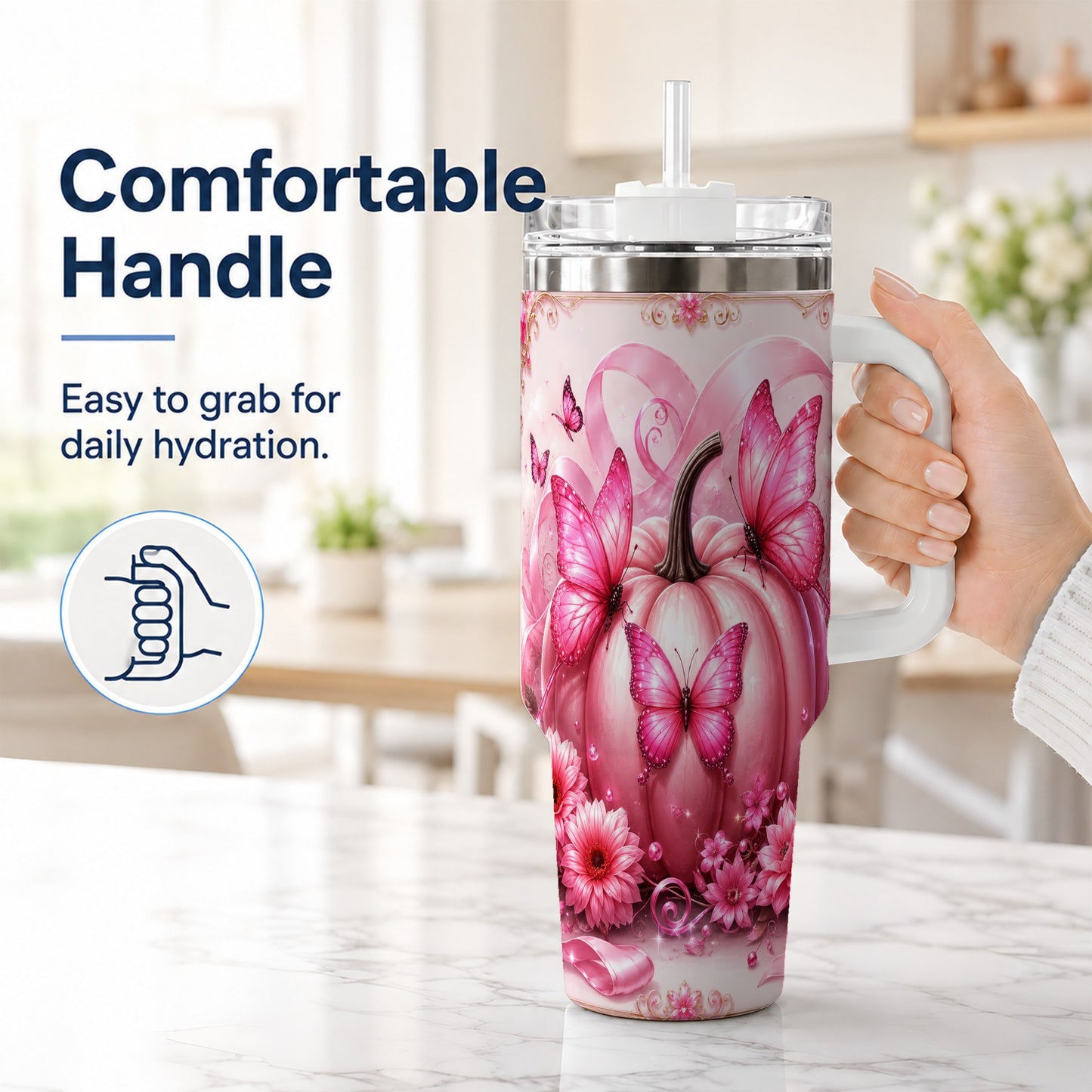 #pl[40oz|White] Awareness Ribbon Pumpkin 40oz Tumbler with Handle, Butterfly Travel Cup