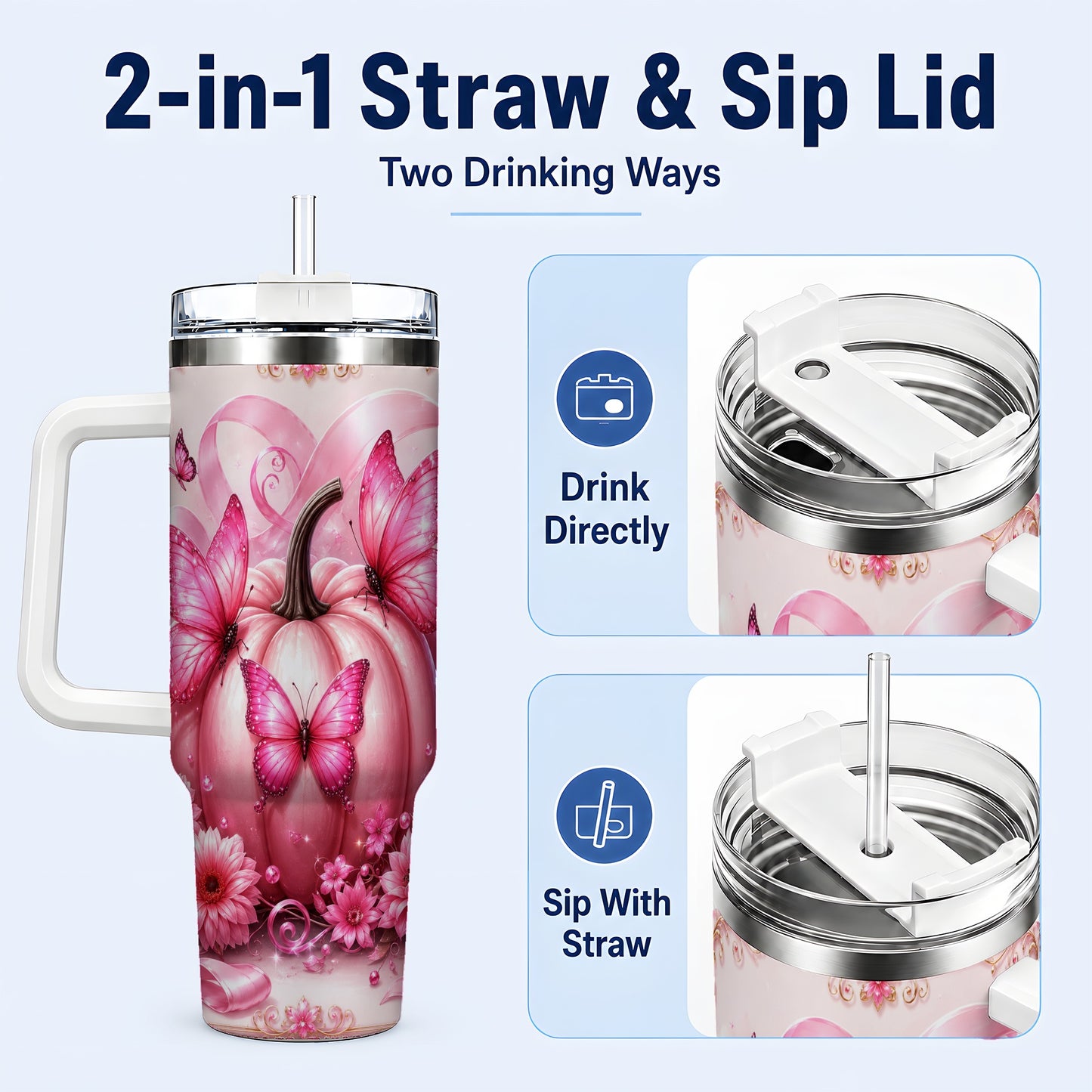 #pl[40oz|White] Awareness Ribbon Pumpkin 40oz Tumbler with Handle, Butterfly Travel Cup