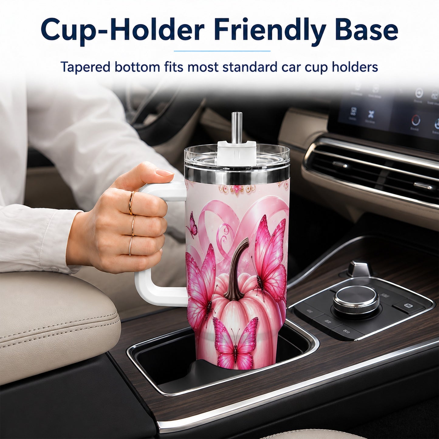 #pl[40oz|White] Awareness Ribbon Pumpkin 40oz Tumbler with Handle, Butterfly Travel Cup