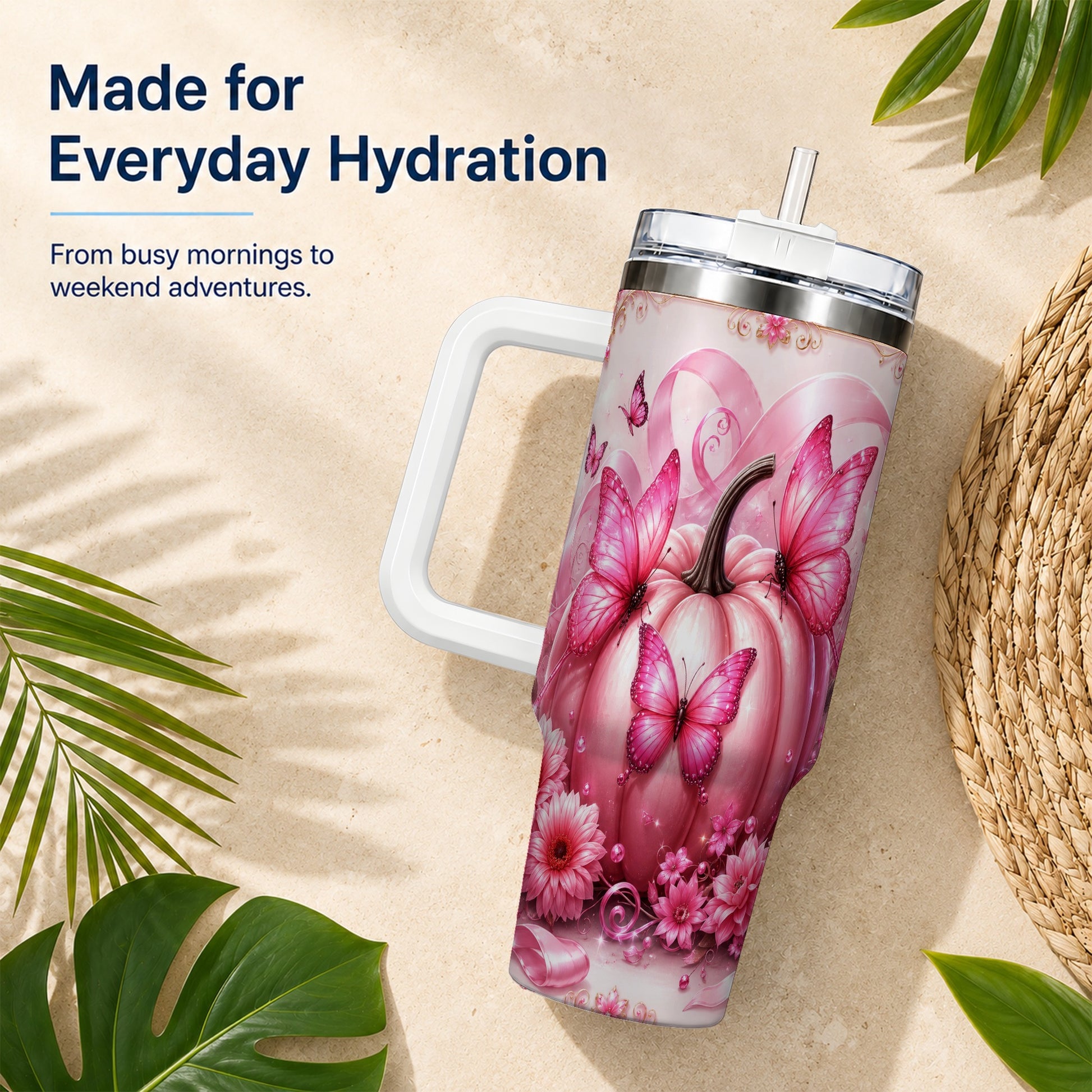 #pl[40oz|White] Awareness Ribbon Pumpkin 40oz Tumbler with Handle, Butterfly Travel Cup