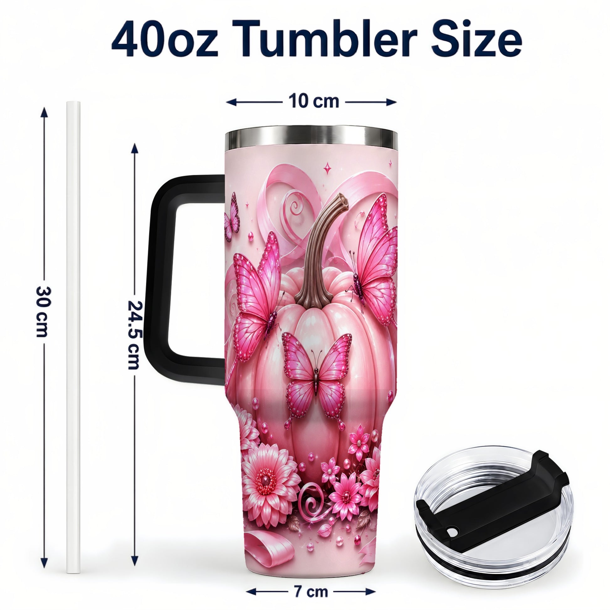 #pl[40oz|Black] Butterfly Pumpkin 40oz Tumbler with Handle, Floral Stainless Steel Cup