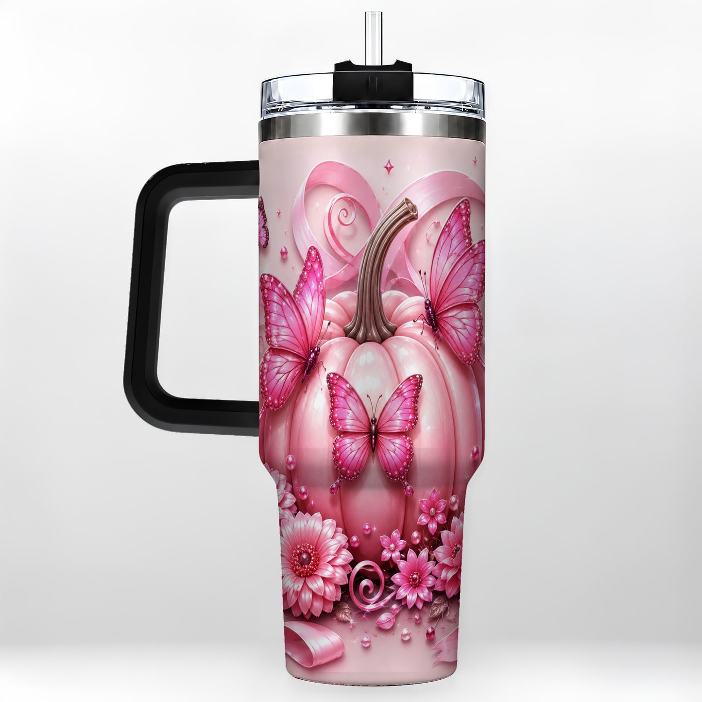 #pl[40oz|Black] Butterfly Pumpkin 40oz Tumbler with Handle, Floral Stainless Steel Cup
