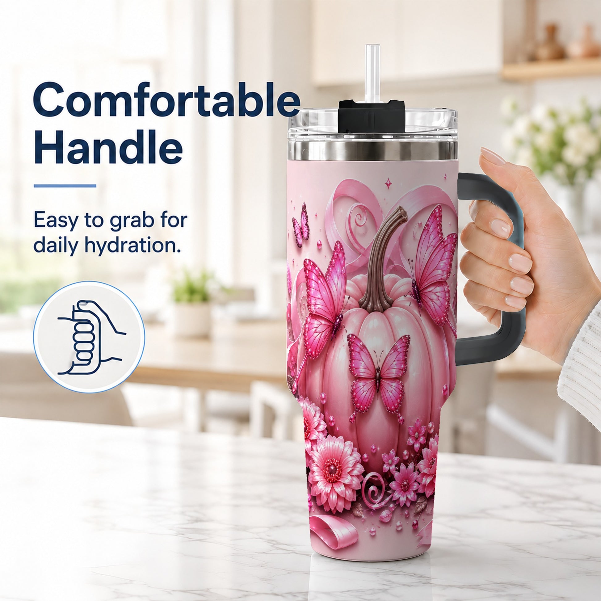 #pl[40oz|Black] Butterfly Pumpkin 40oz Tumbler with Handle, Floral Stainless Steel Cup