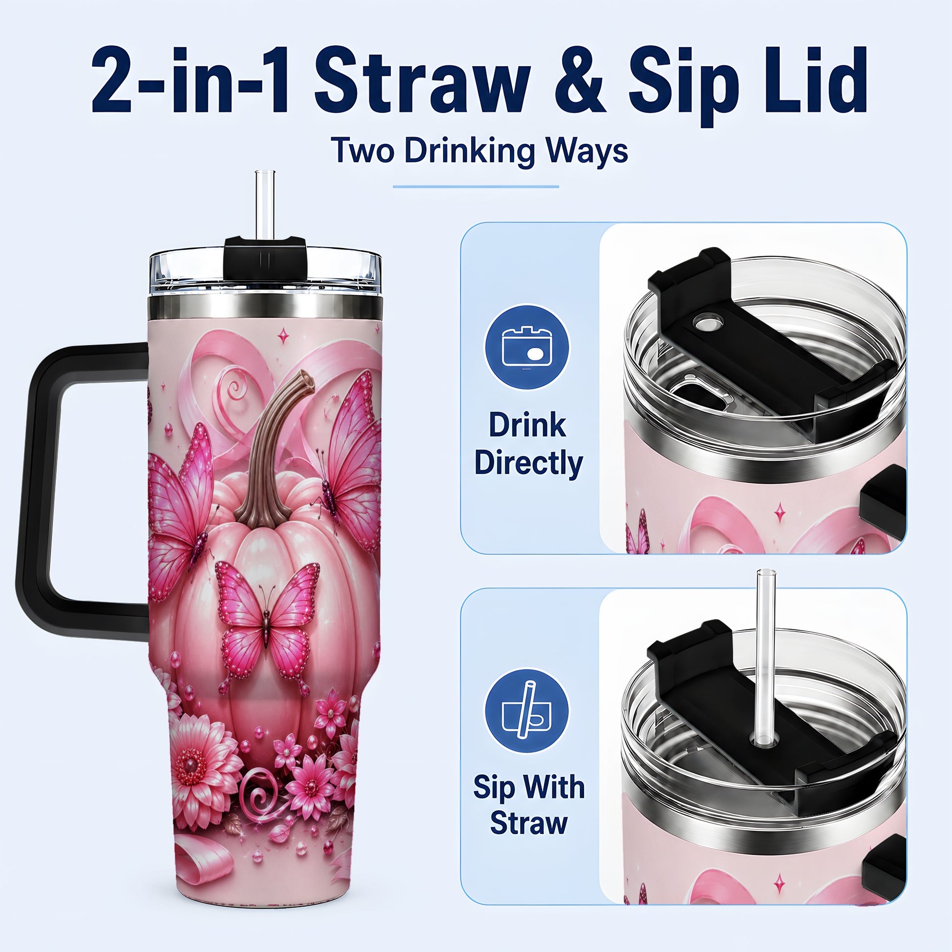 #pl[40oz|Black] Butterfly Pumpkin 40oz Tumbler with Handle, Floral Stainless Steel Cup