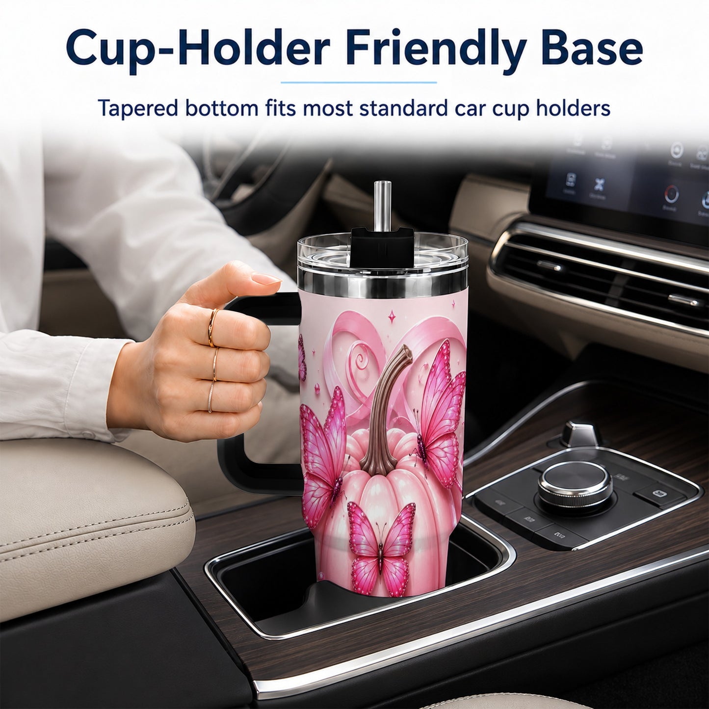 #pl[40oz|Black] Butterfly Pumpkin 40oz Tumbler with Handle, Floral Stainless Steel Cup
