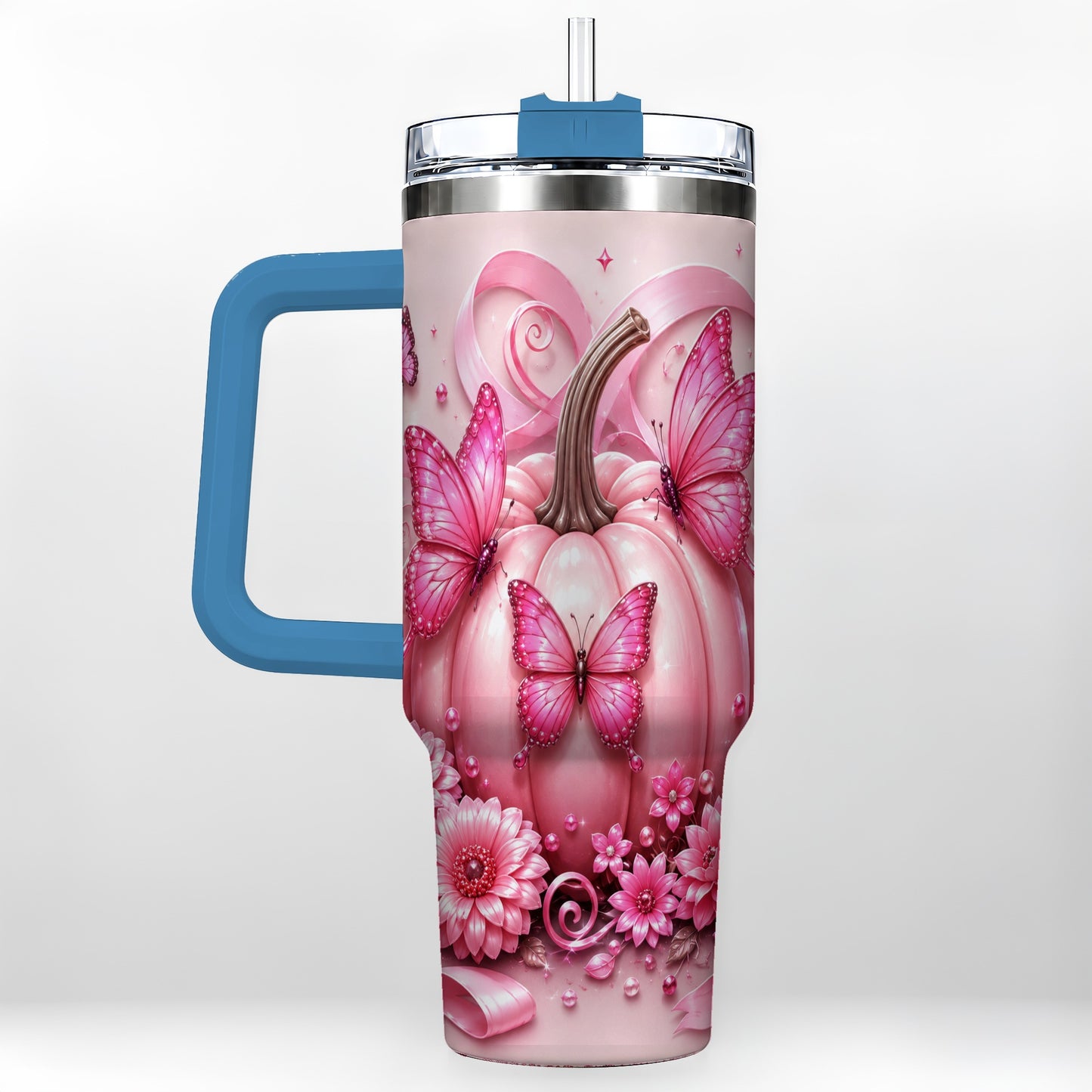 #pl[40oz|Blue] Butterfly Pumpkin 40oz Tumbler with Handle, Floral Stainless Steel Cup
