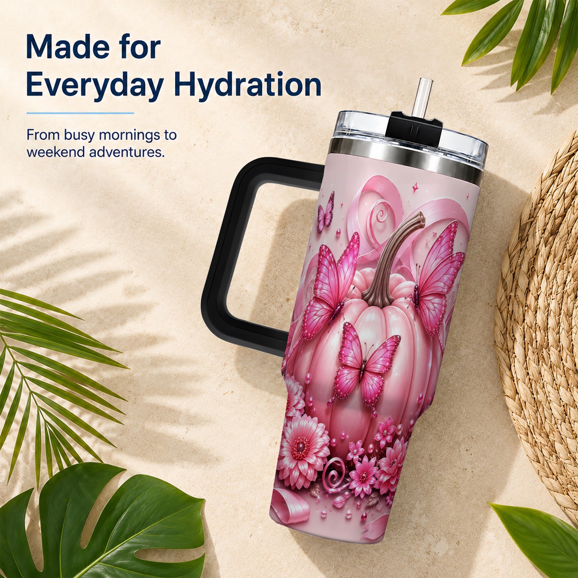 #pl[40oz|Black] Butterfly Pumpkin 40oz Tumbler with Handle, Floral Stainless Steel Cup