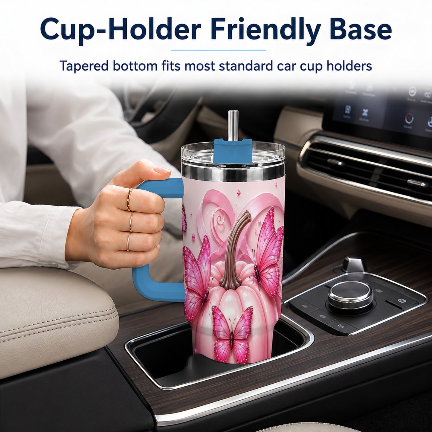 #pl[40oz|Blue] Butterfly Pumpkin 40oz Tumbler with Handle, Floral Stainless Steel Cup