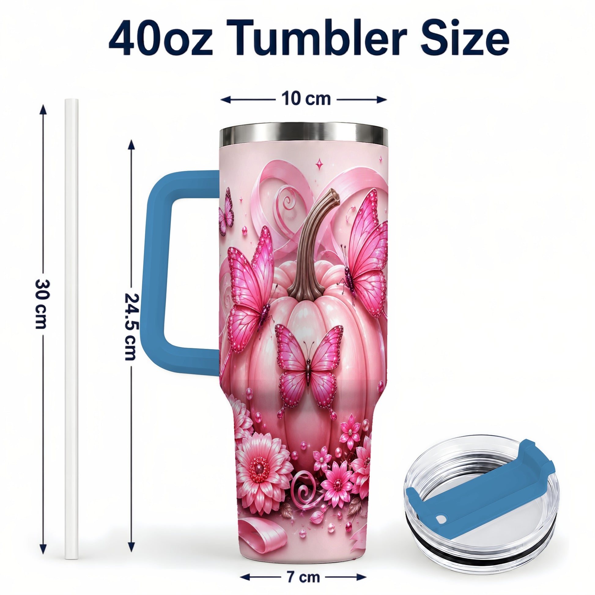 #pl[40oz|Blue] Butterfly Pumpkin 40oz Tumbler with Handle, Floral Stainless Steel Cup
