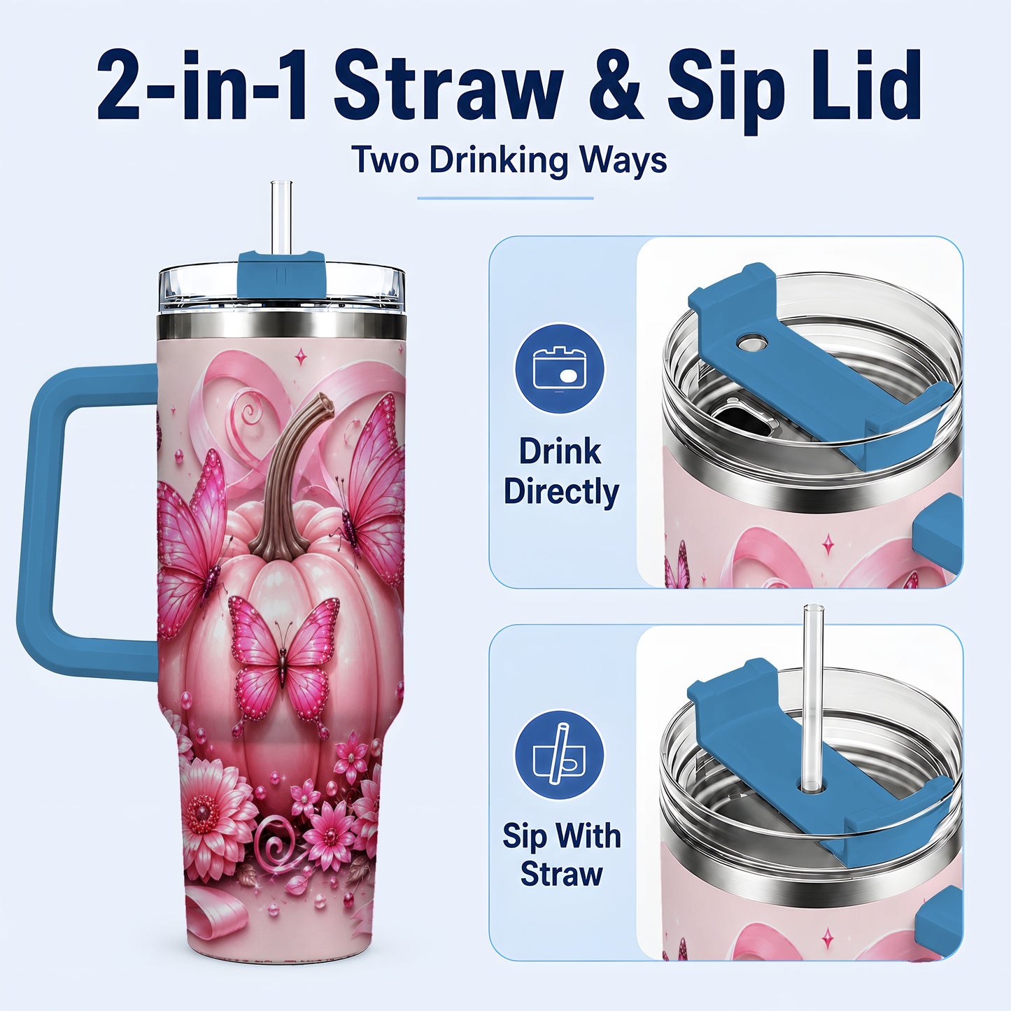 #pl[40oz|Blue] Butterfly Pumpkin 40oz Tumbler with Handle, Floral Stainless Steel Cup