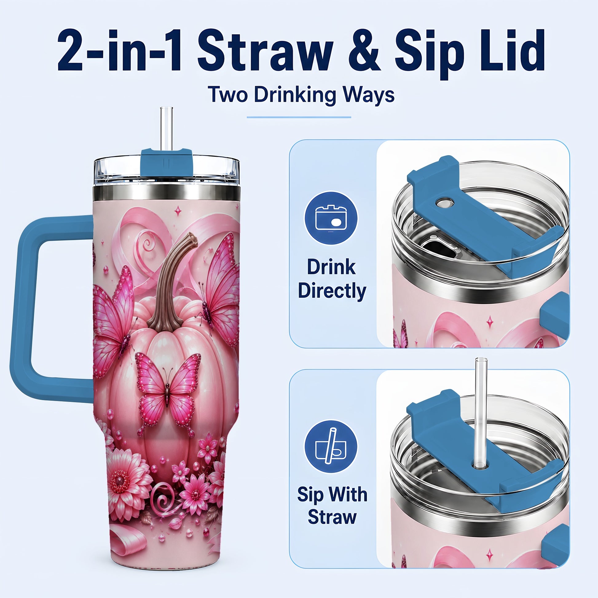 #pl[40oz|Blue] Butterfly Pumpkin 40oz Tumbler with Handle, Floral Stainless Steel Cup