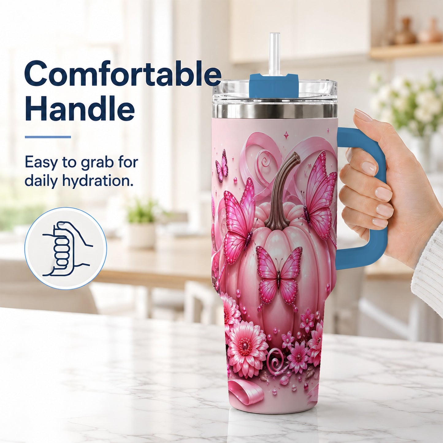 #pl[40oz|Blue] Butterfly Pumpkin 40oz Tumbler with Handle, Floral Stainless Steel Cup