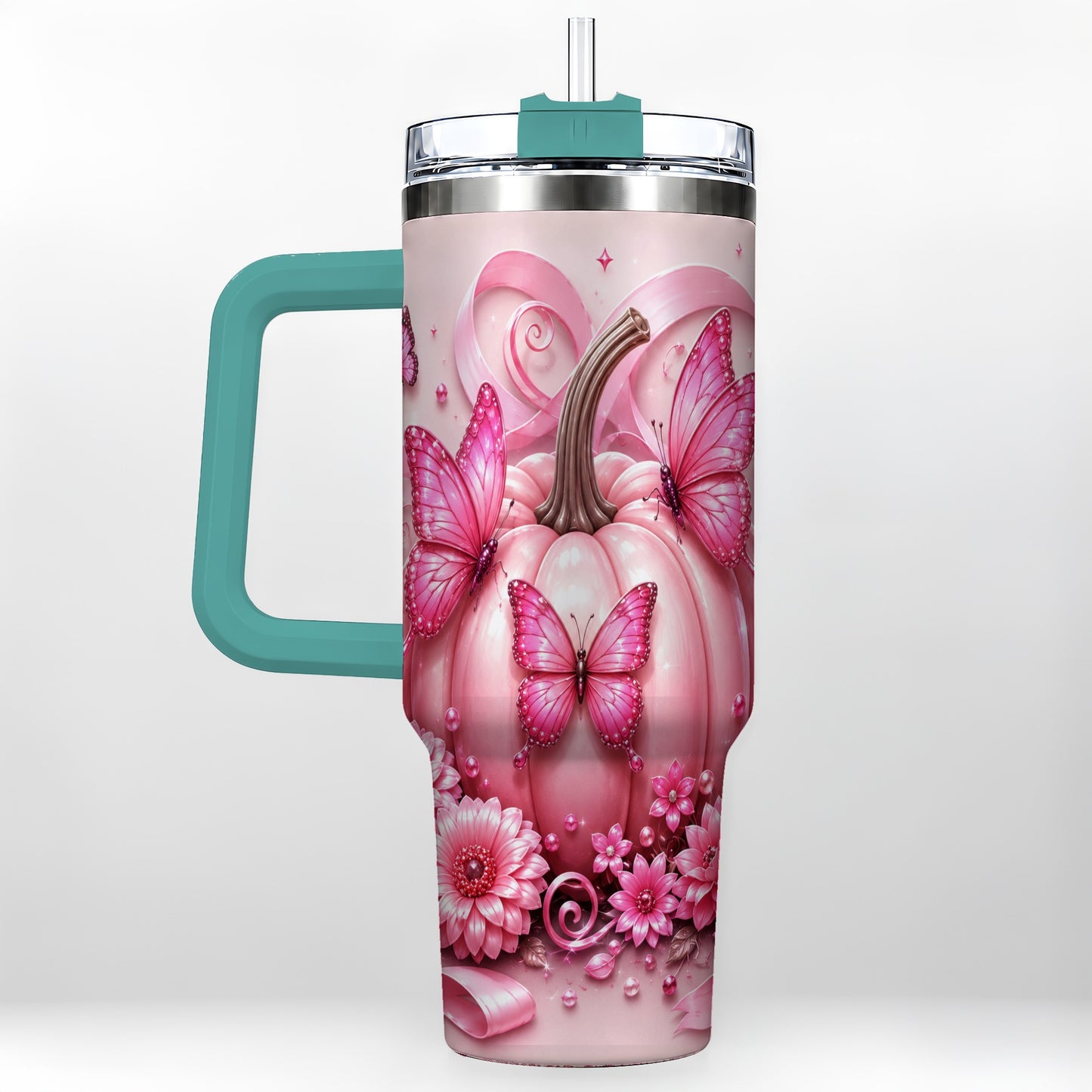 #pl[40oz|Green] Butterfly Pumpkin 40oz Tumbler with Handle, Floral Stainless Steel Cup